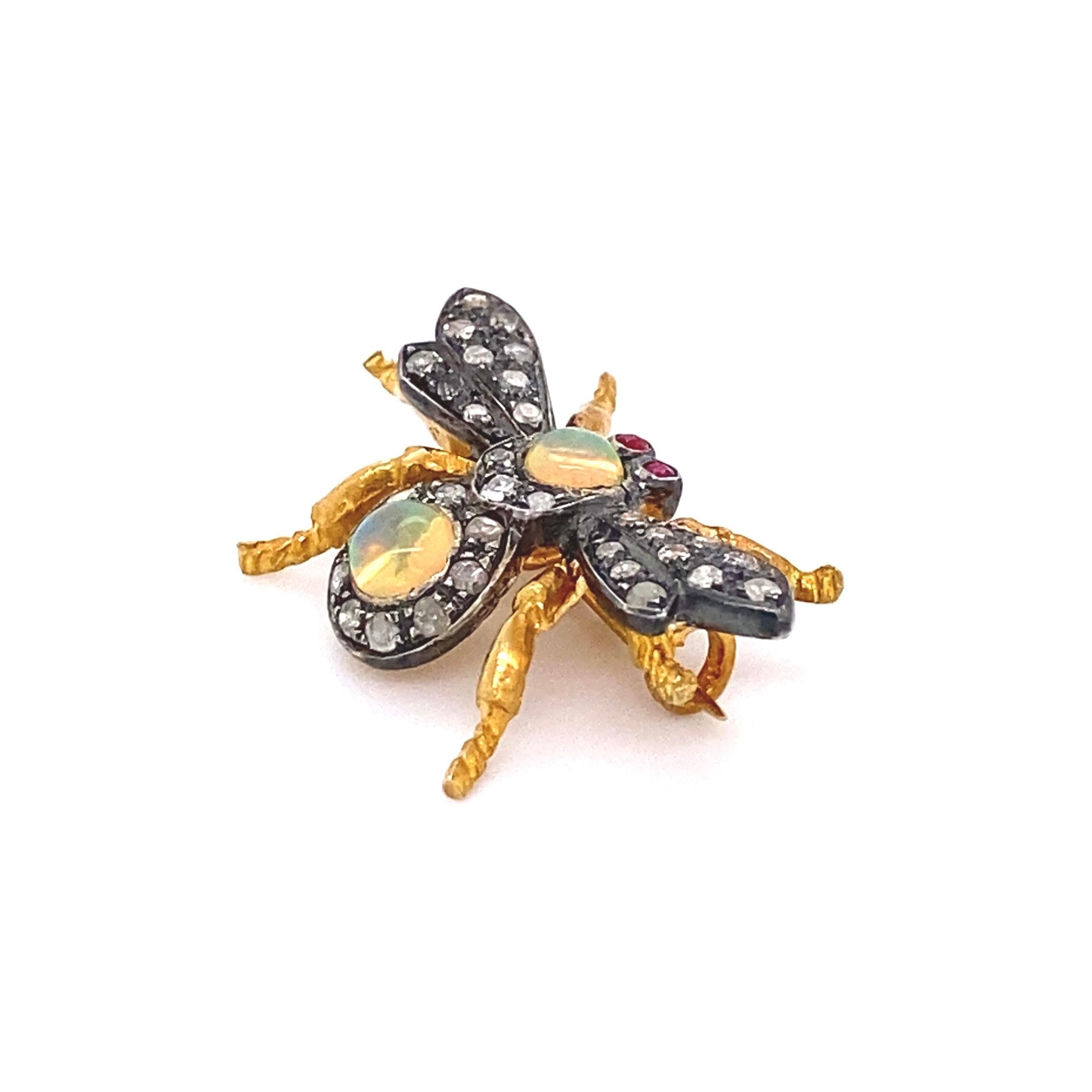 Mixed Cut Diamond Opal Ruby Gold and Silver Fly Bee Brooch Pin Fine Estate Jewelry