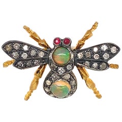 Vintage Diamond Opal Ruby Gold and Silver Fly Bee Brooch Pin Fine Estate Jewelry