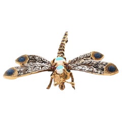 Diamond Opal Sapphire Ruby 14KYG Dragonfy Brooch Pin Late 20th Century