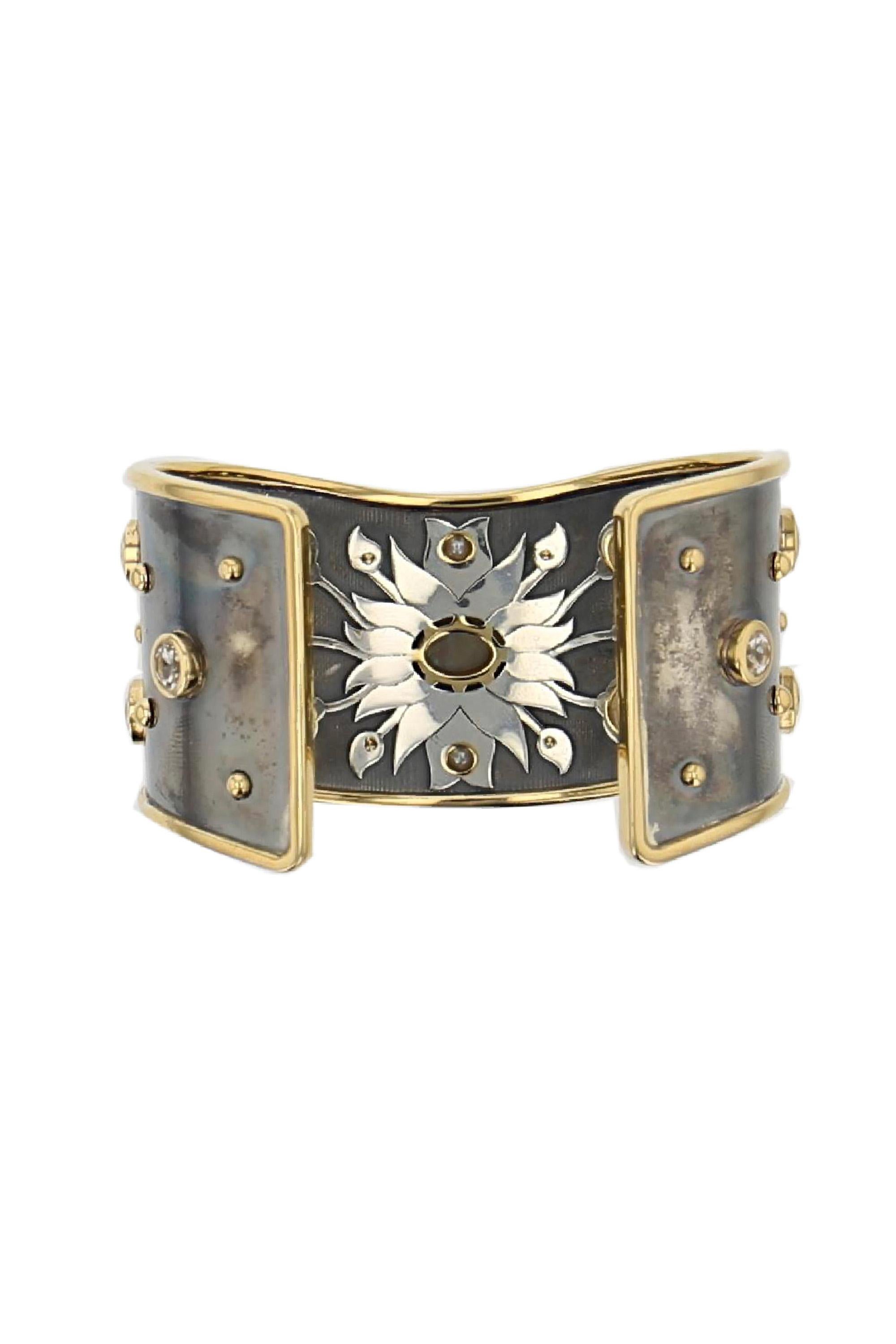 Diamond, Opal & Sapphire Bandeau Cuff in Gold & Distressed Silver by Elie Top In New Condition For Sale In Paris, France