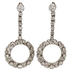 Diamond Open Circle Platinum Drop Earrings Estate Fine Jewelry