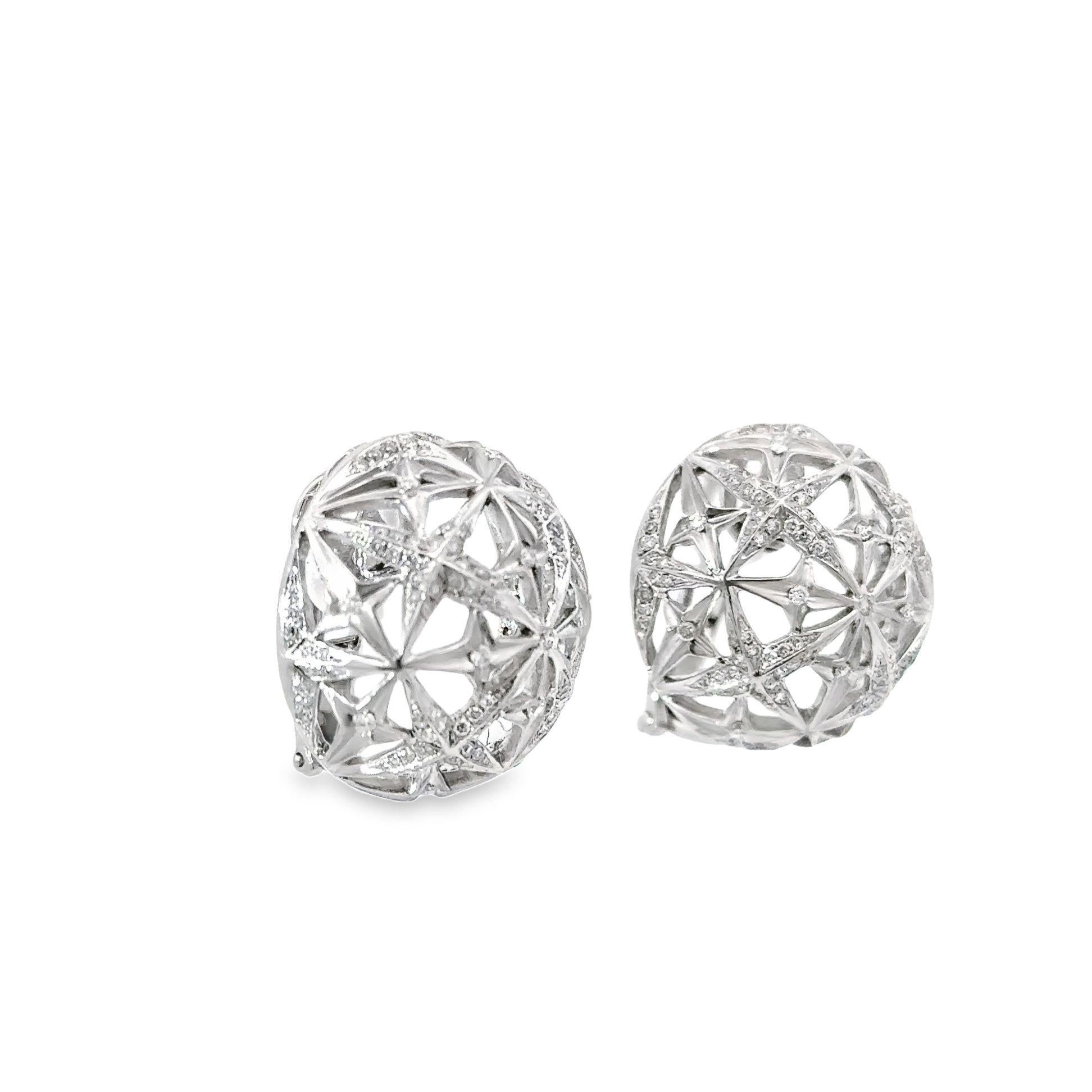 Round Cut Diamond Open Dome 18k White Gold Star Cluster Earrings For Sale