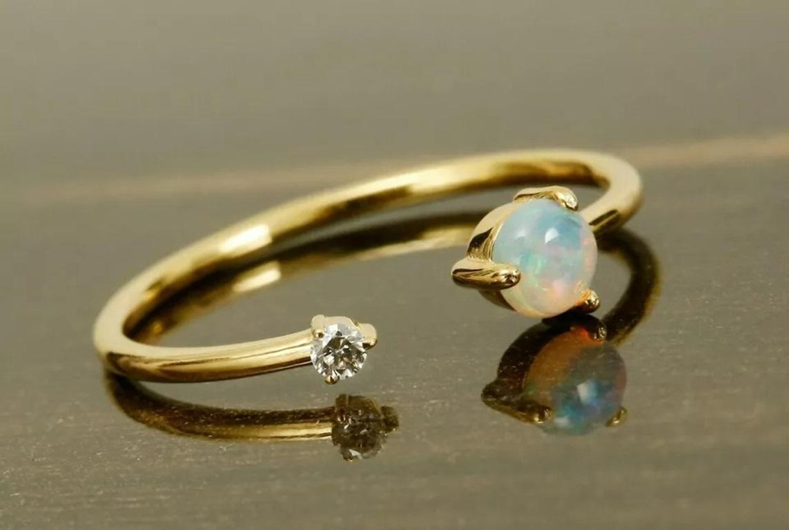 Taille ronde Bague ouverte diamant Opale Designer en or massif 14k en vente