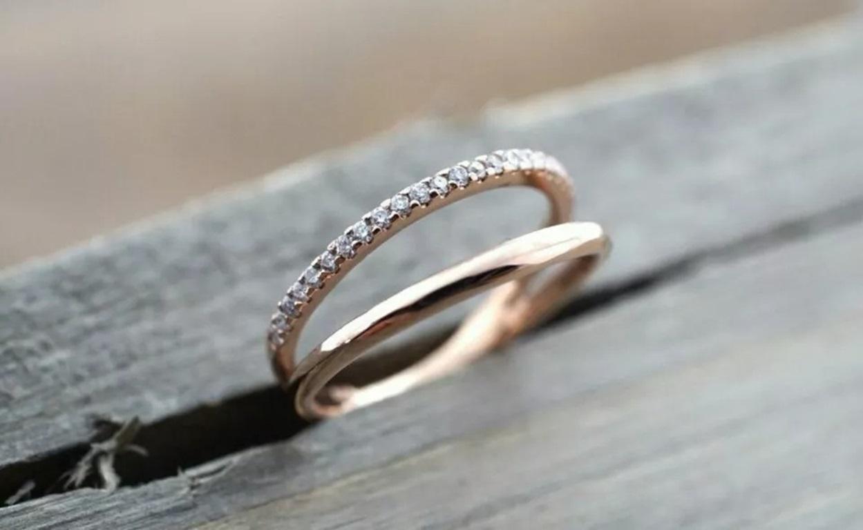 Diamond Open Wedding Band 14k Solid Gold Engagement Ring Wedding Double Band In New Condition For Sale In Chicago, IL