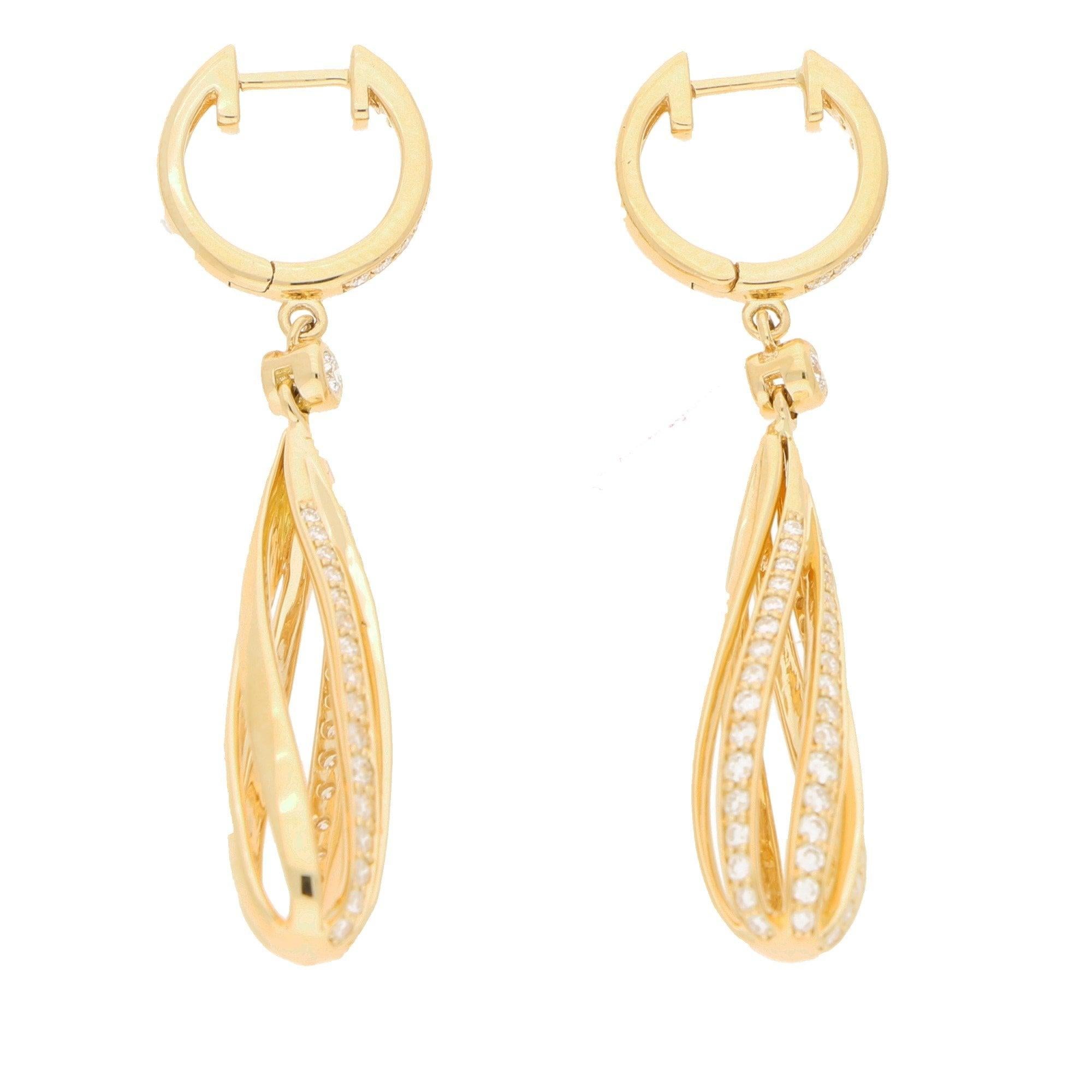 Women's or Men's Diamond Openwork Spiral Drop Earrings in Yellow Gold 0.60ct
