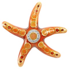 Diamond & Orange Enamel 18 Karat Yellow & White Gold Starfish Brooch & Pendant