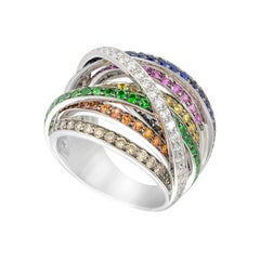 Diamond Orange Sapphire Ruby White Gold 18 Karat Rainbow Firework Ring