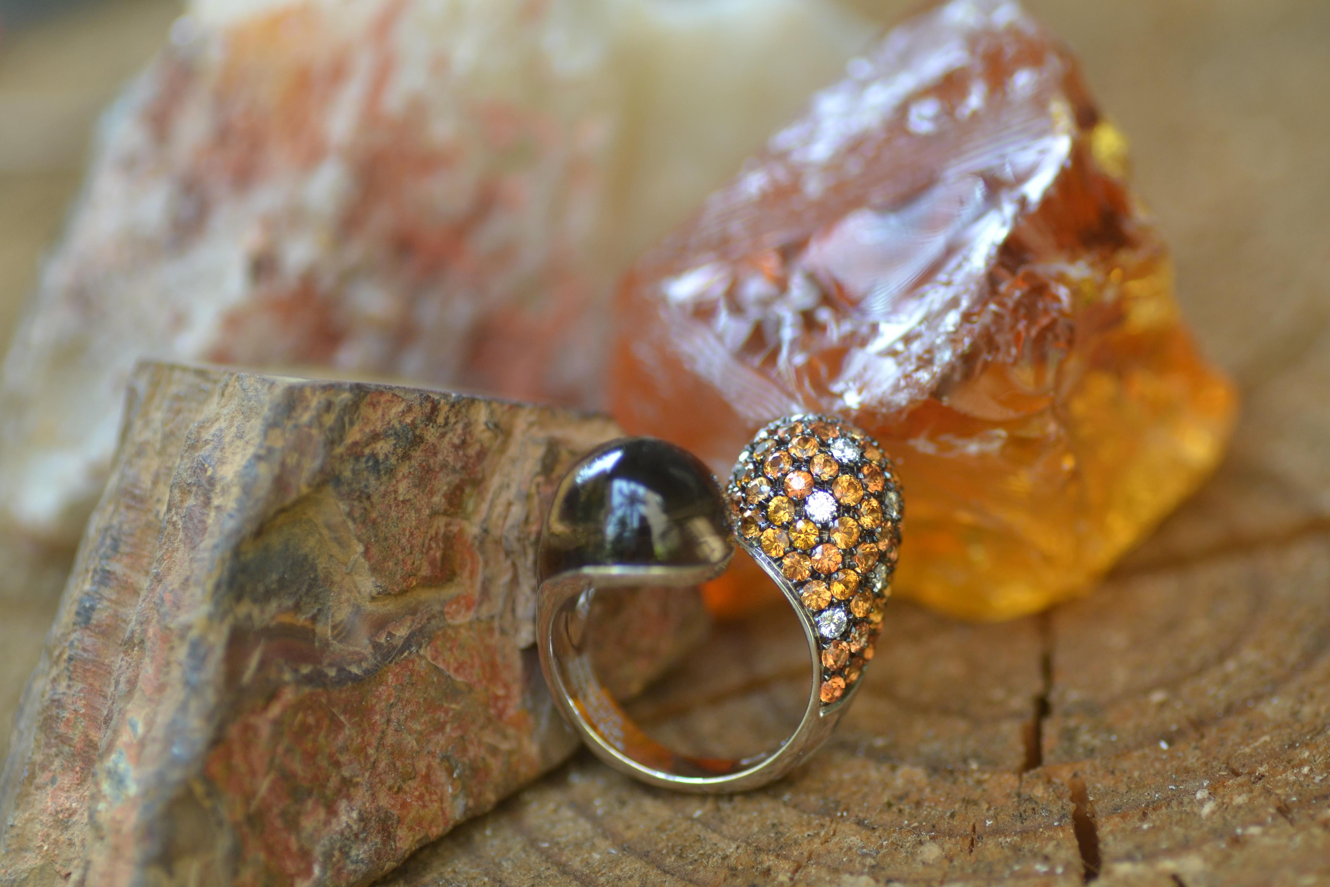 Contemporary Diamonds Orange Sapphires Smoky Quartz 18 kt White Gold Made in Italy Ring