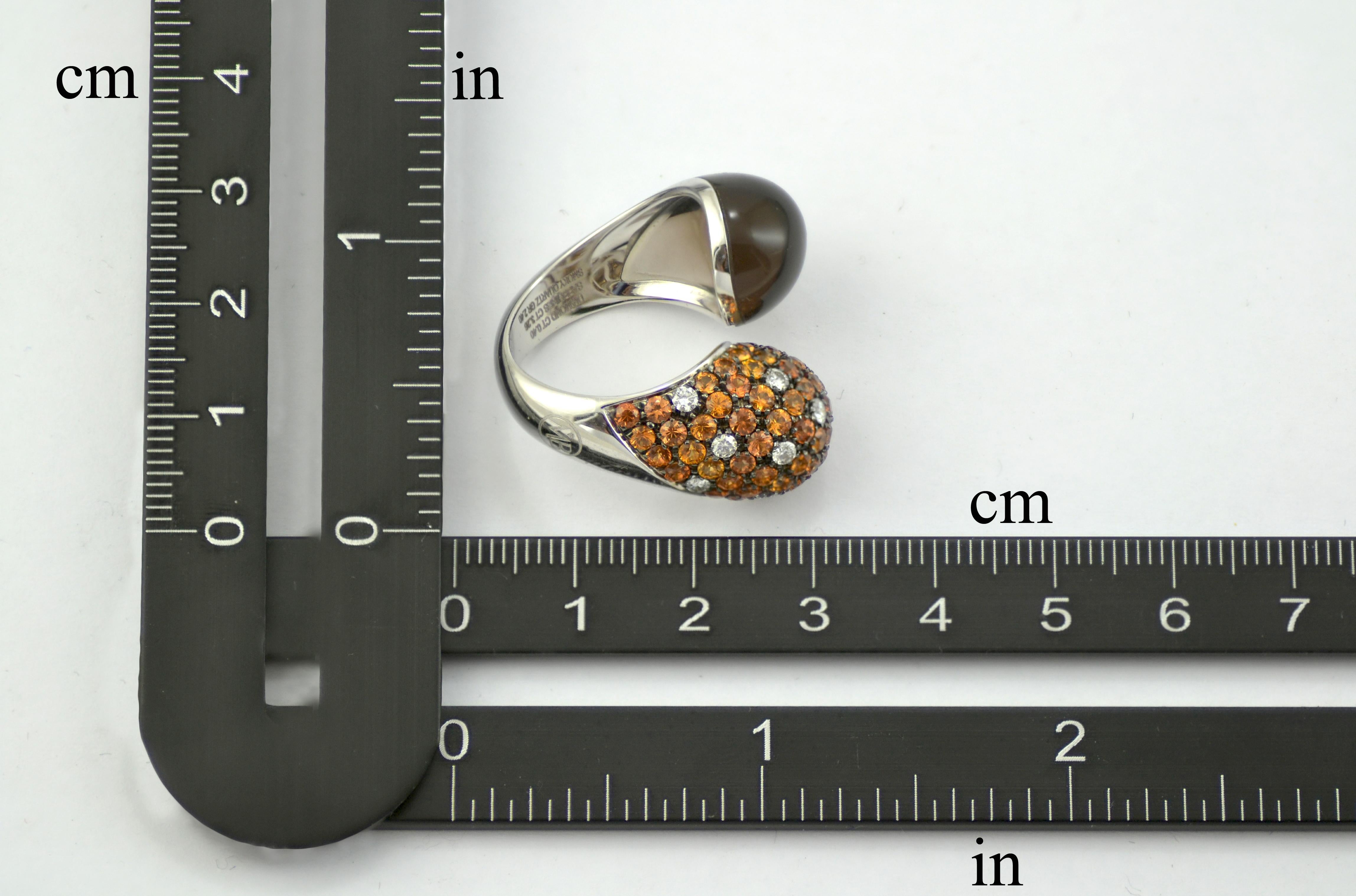 Diamonds Orange Sapphires Smoky Quartz 18 kt White Gold Made in Italy Ring In New Condition In Valenza , IT