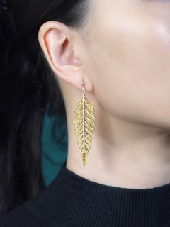 Diamant-Orange-Saphir-Gelb-Saphir-Blatt-Ohrringe aus 14K Gelbgold