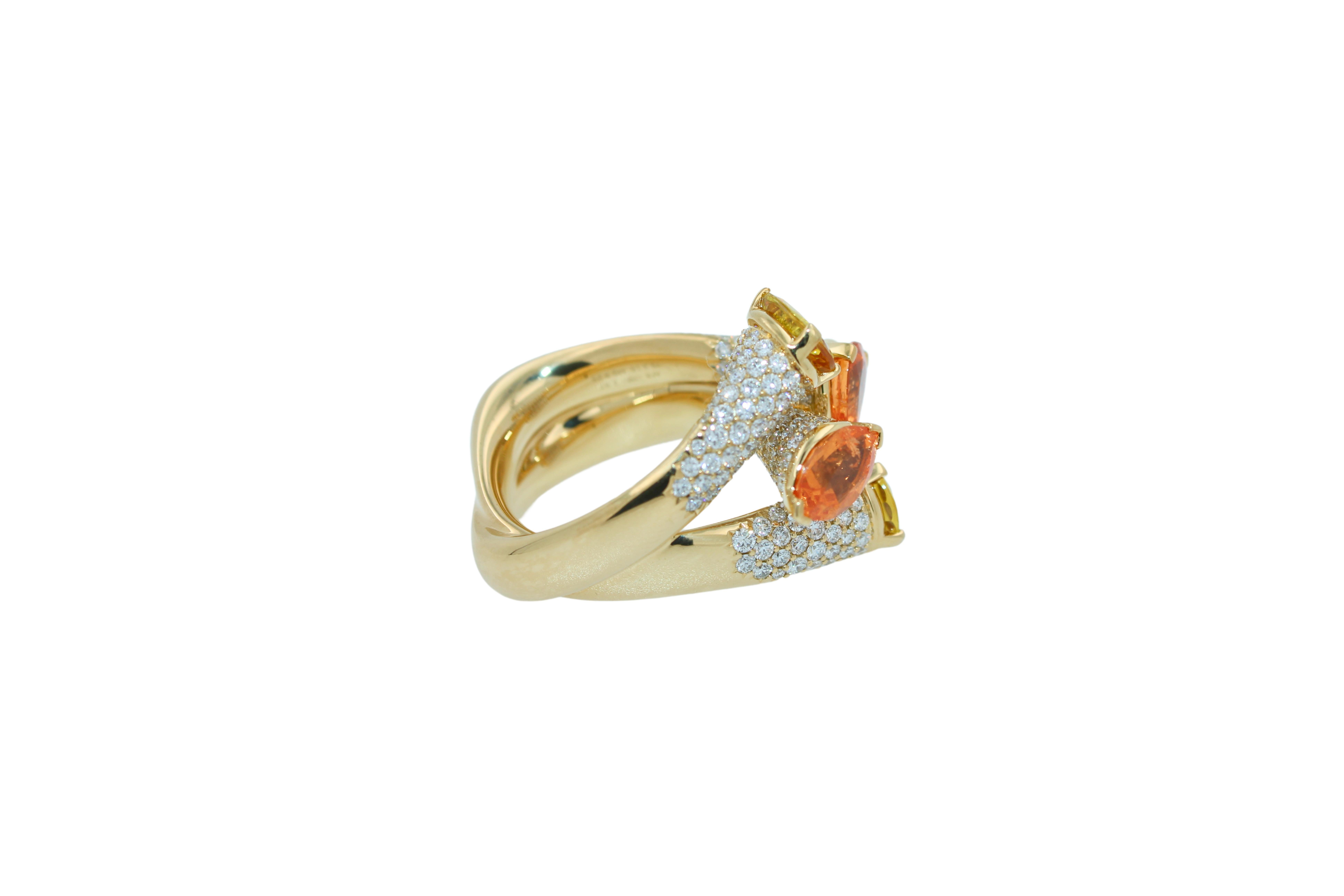Diamond Orange Yellow Sapphire Cocktail Luxury Unique 18 Karat Yellow Gold Ring For Sale 3