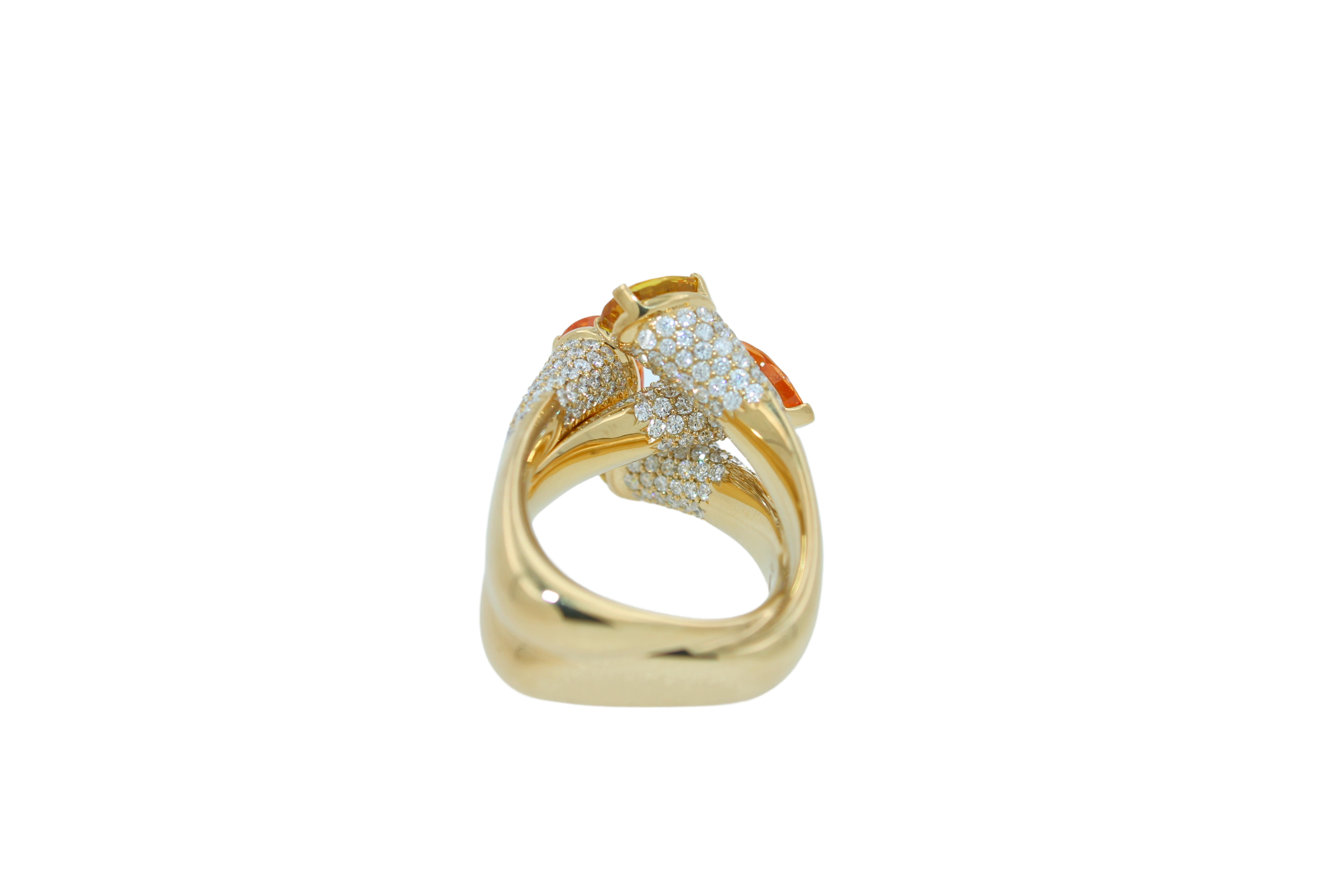 Diamond Orange Yellow Sapphire Cocktail Luxury Unique 18 Karat Yellow Gold Ring For Sale 4