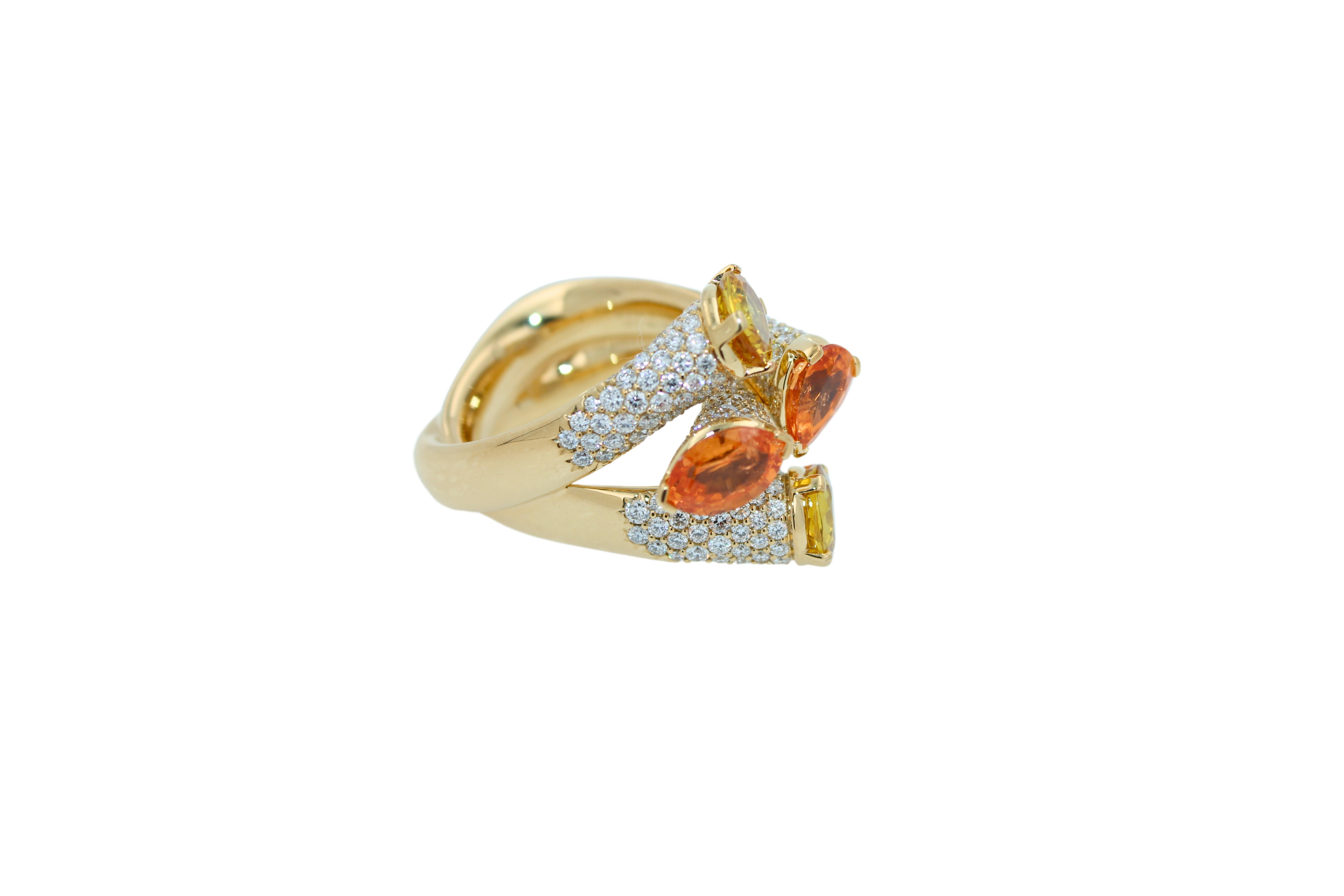 Diamond Orange Yellow Sapphire Cocktail Luxury Unique 18 Karat Yellow Gold Ring For Sale 6