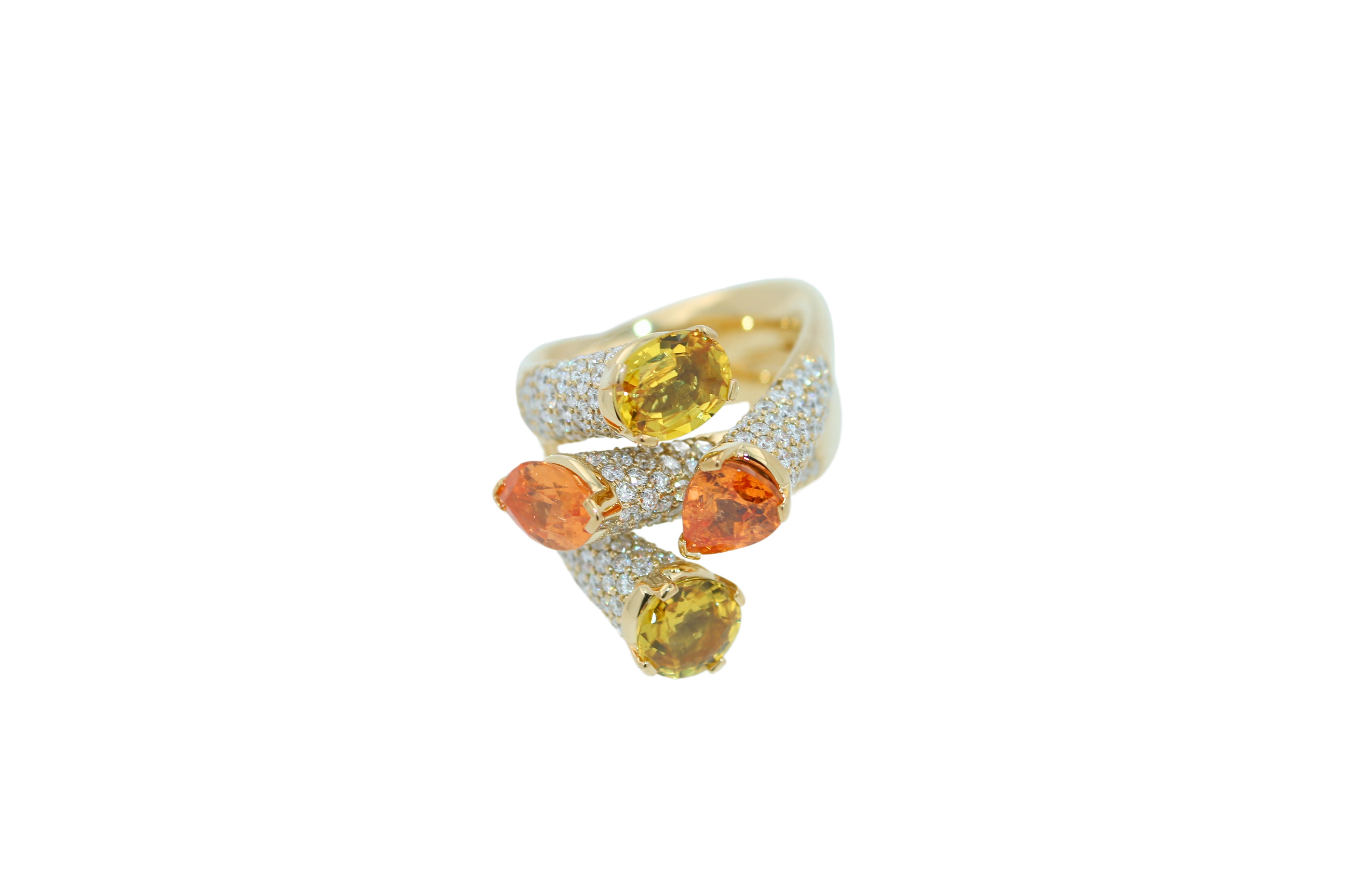 Modern Diamond Orange Yellow Sapphire Cocktail Luxury Unique 18 Karat Yellow Gold Ring For Sale