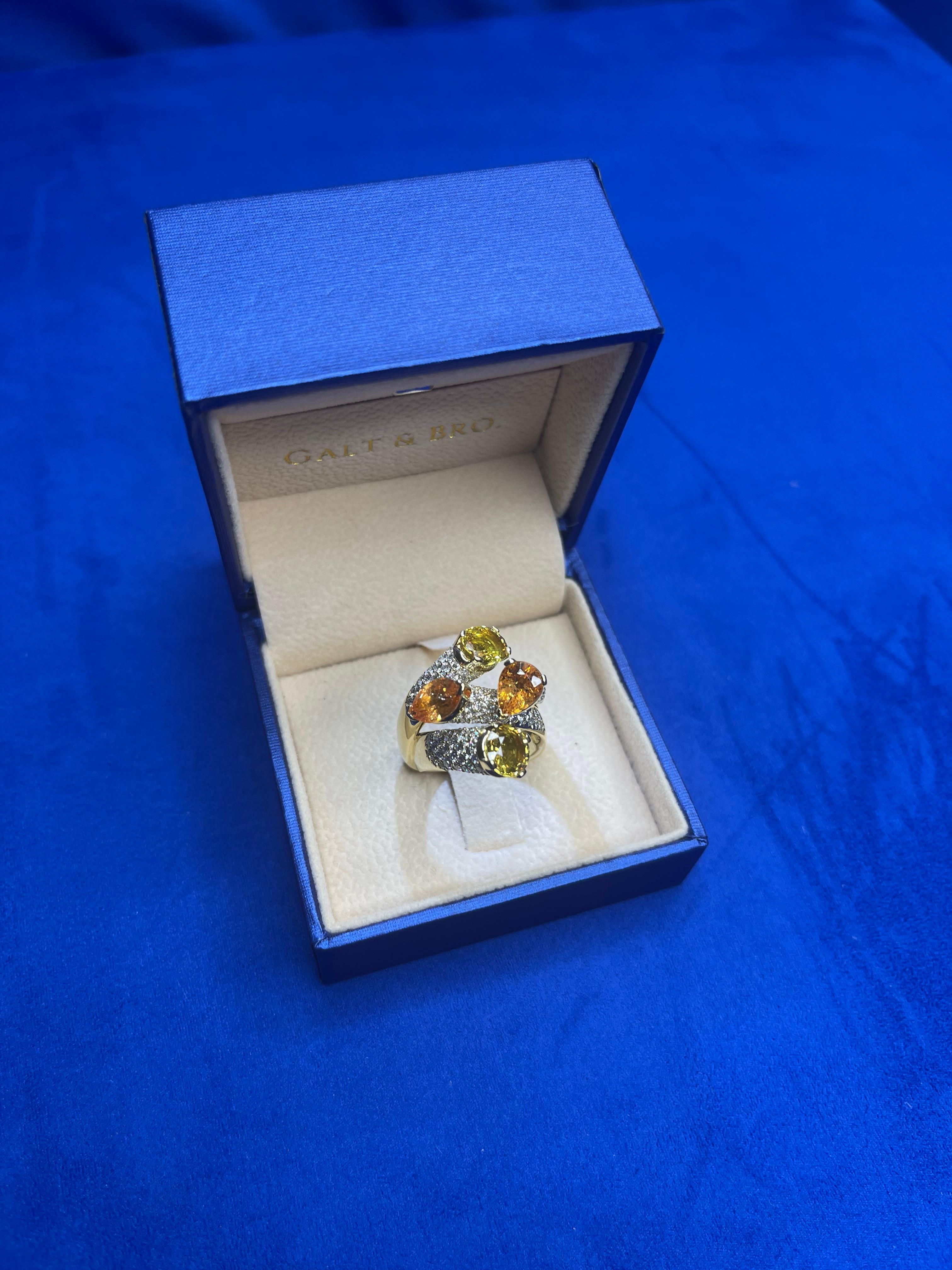 Diamond Orange Yellow Sapphire Cocktail Luxury Unique 18 Karat Yellow Gold Ring For Sale 10