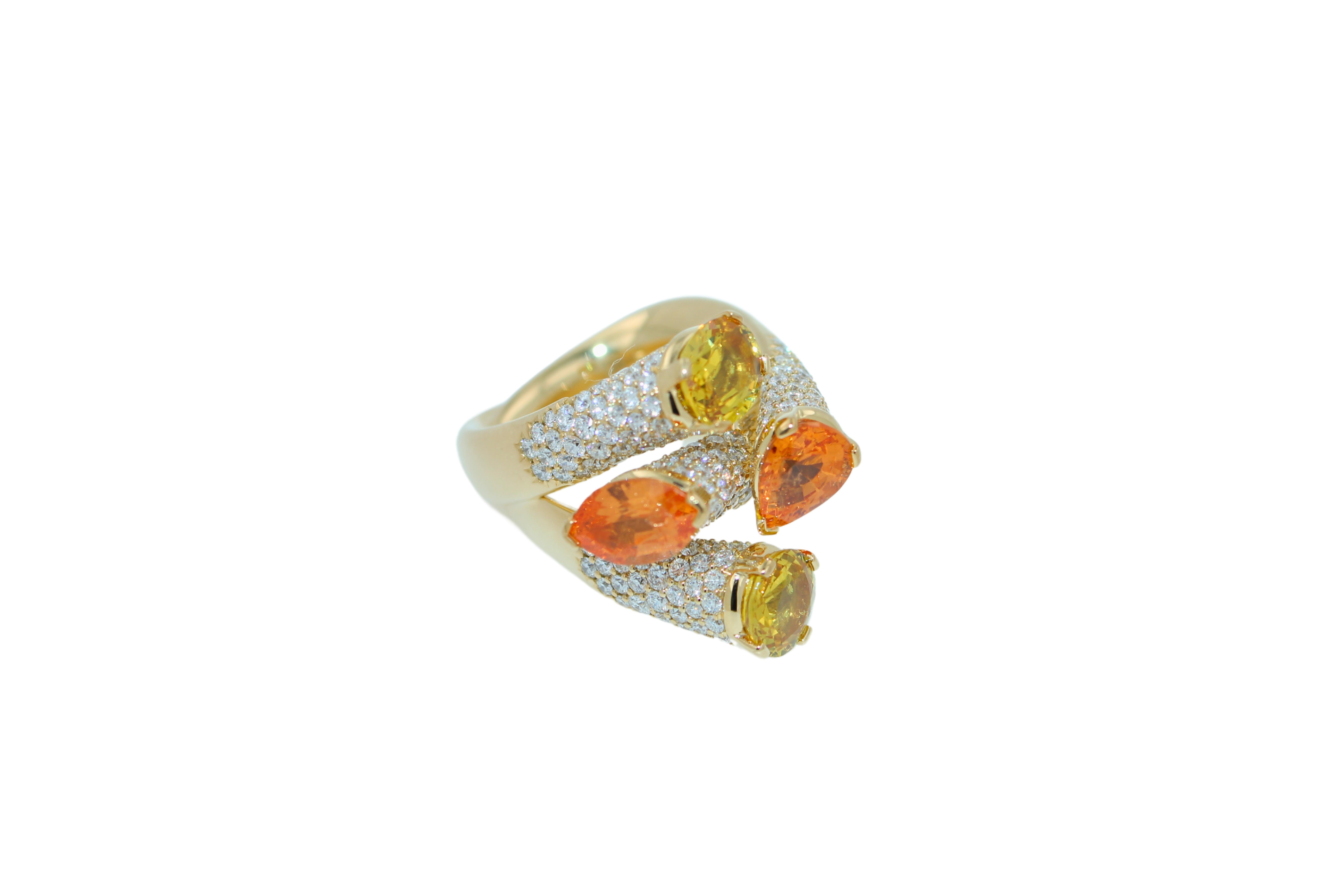 Oval Cut Diamond Orange Yellow Sapphire Cocktail Luxury Unique 18 Karat Yellow Gold Ring For Sale