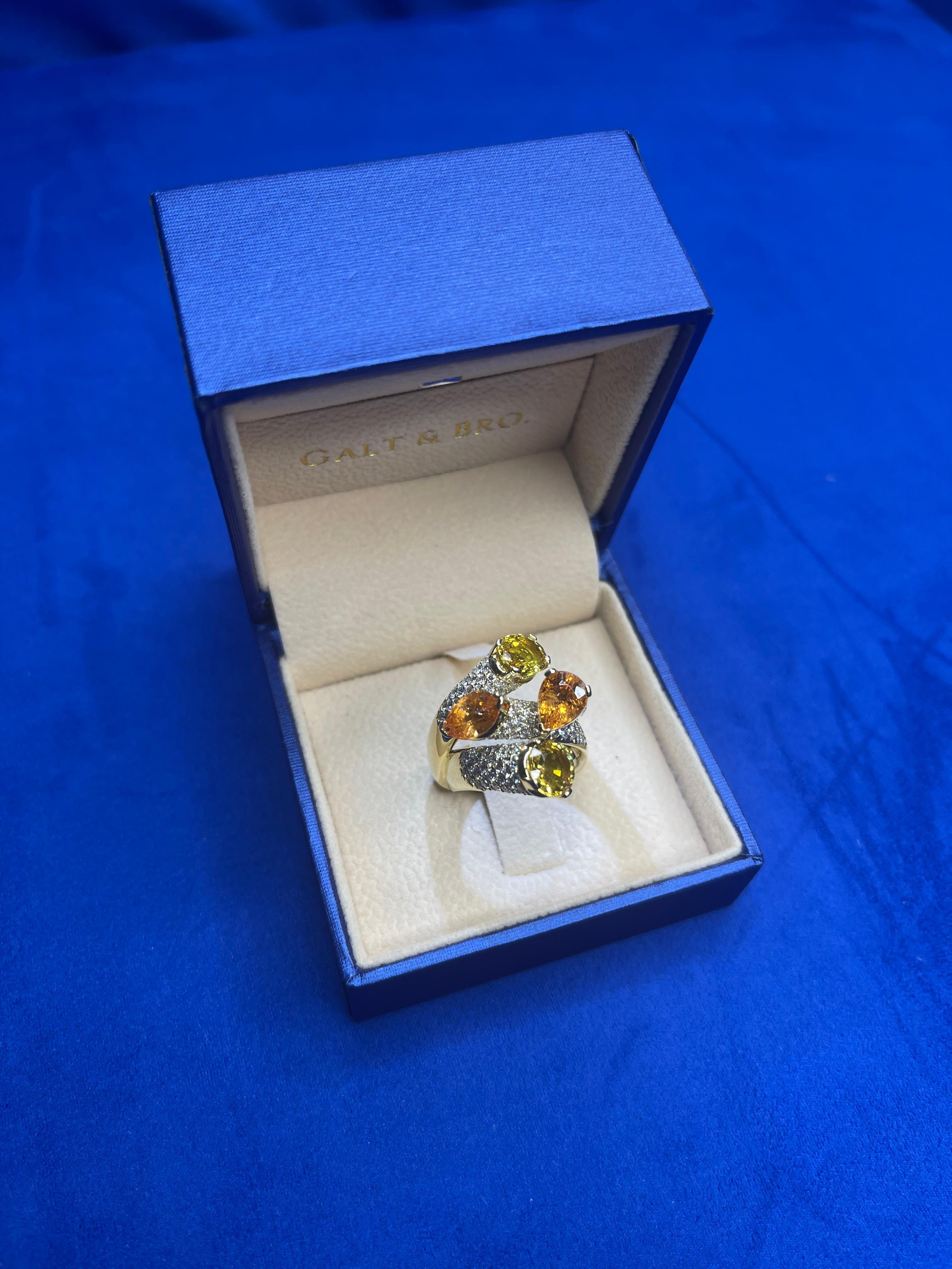 Diamond Orange Yellow Sapphire Cocktail Luxury Unique 18 Karat Yellow Gold Ring For Sale 11