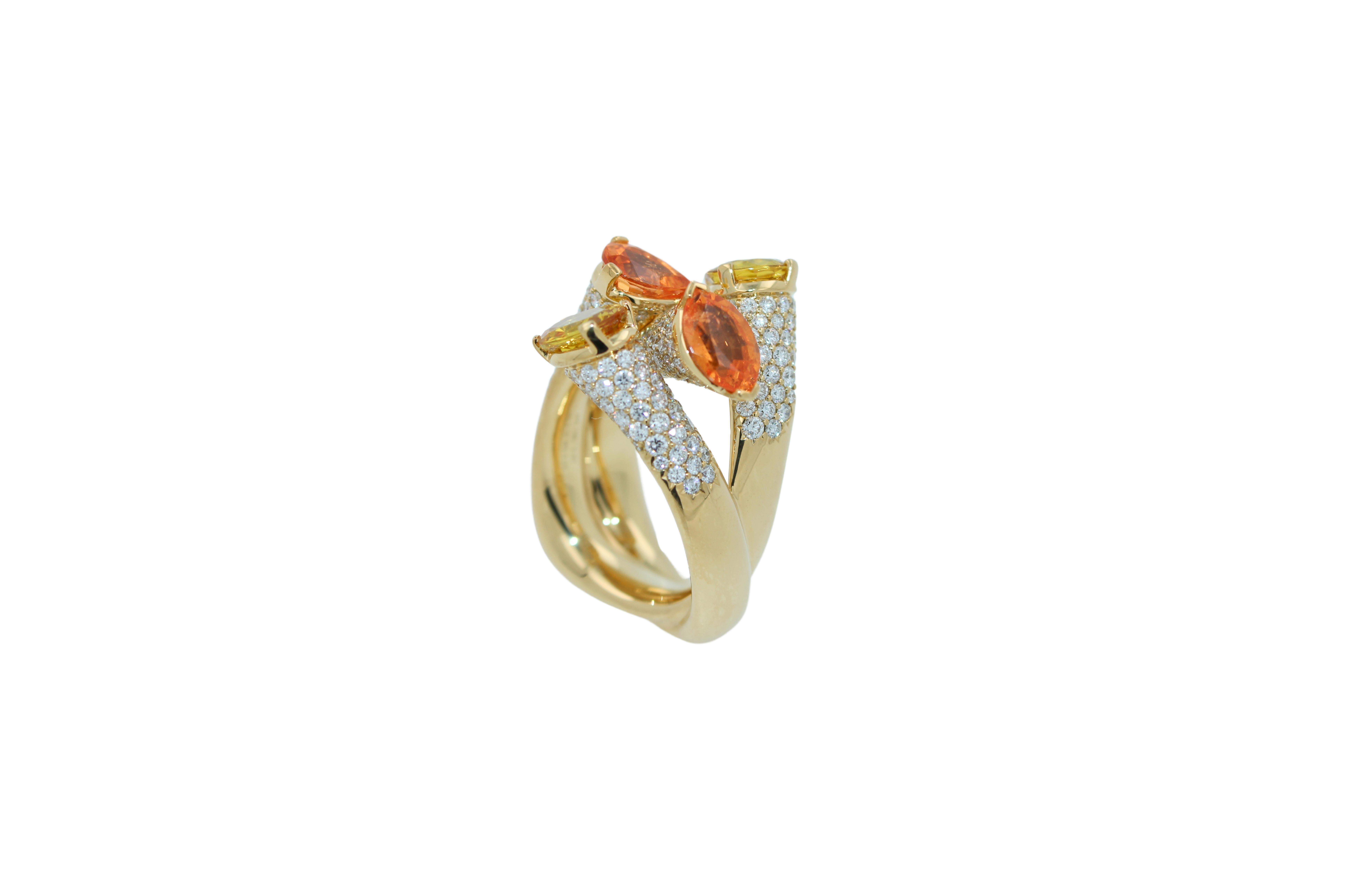 Women's Diamond Orange Yellow Sapphire Cocktail Luxury Unique 18 Karat Yellow Gold Ring For Sale