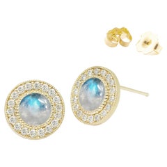 Diamond Orbit Moonstone 18 Karat Gold Stud Earrings