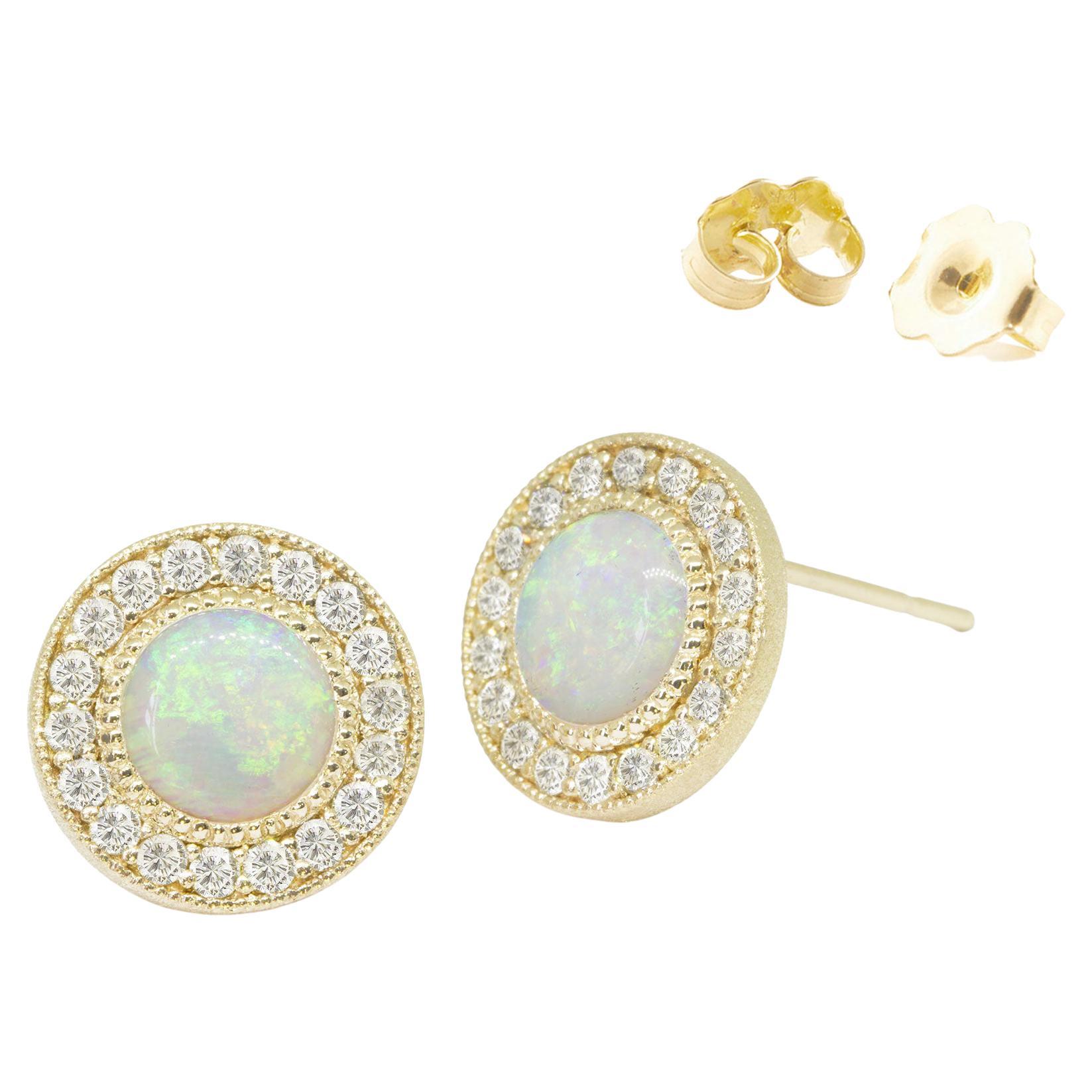 Diamond Orbit Opal White 18 Karat Gold Stud Earrings
