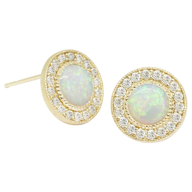 Diamond Orbit Opal White 18 Karat Gold Stud Earrings For Sale at 1stdibs