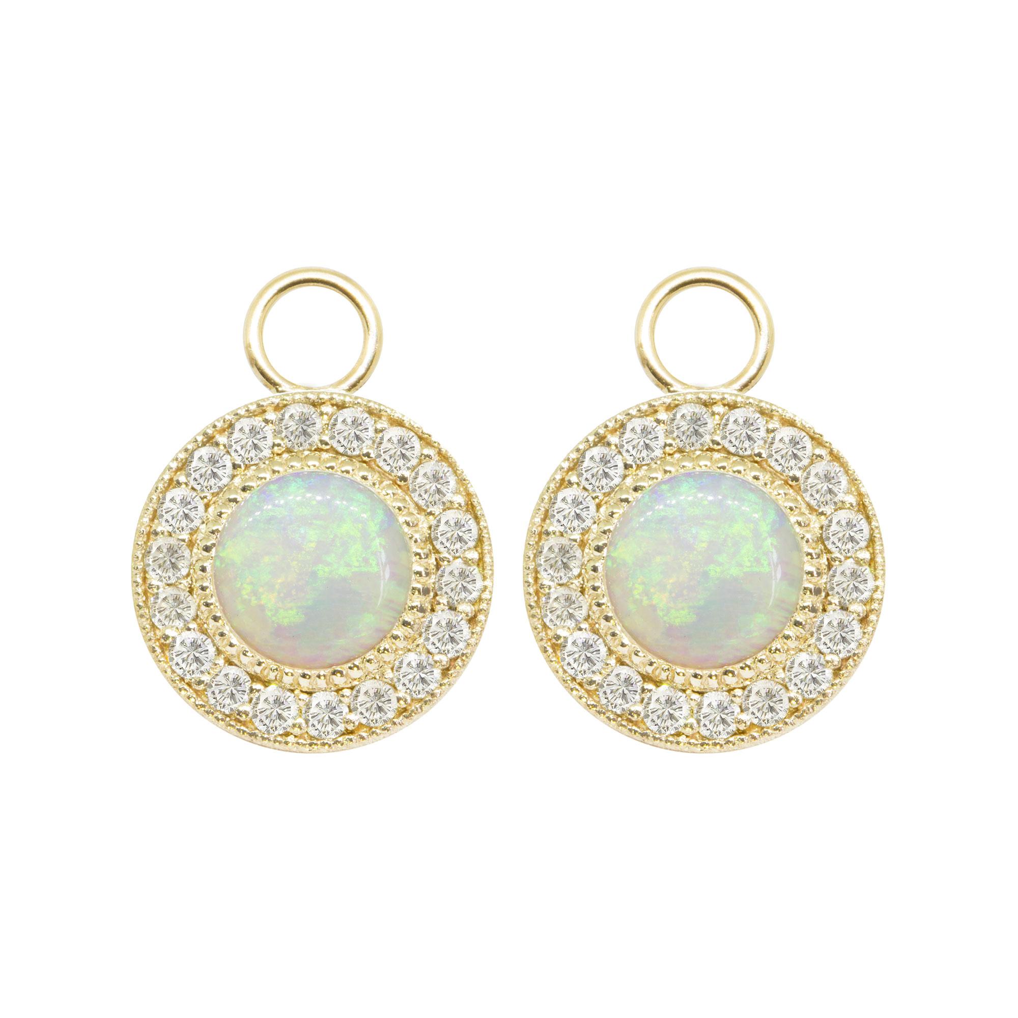 Diamond Orbit White Opal 18 Karat Gold Earrings In New Condition For Sale In Denver, CO