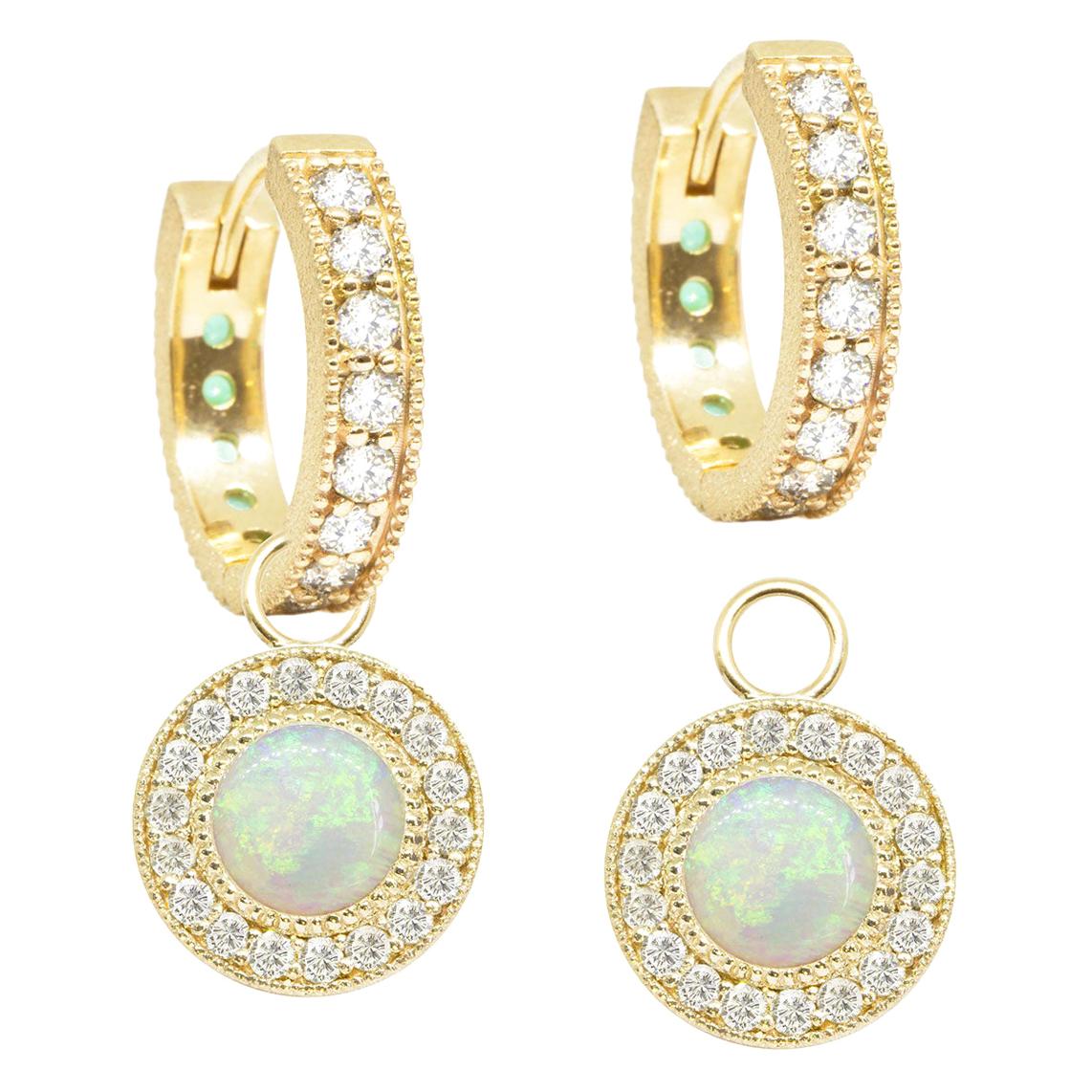 Diamond Orbit White Opal 18 Karat Gold Earrings For Sale