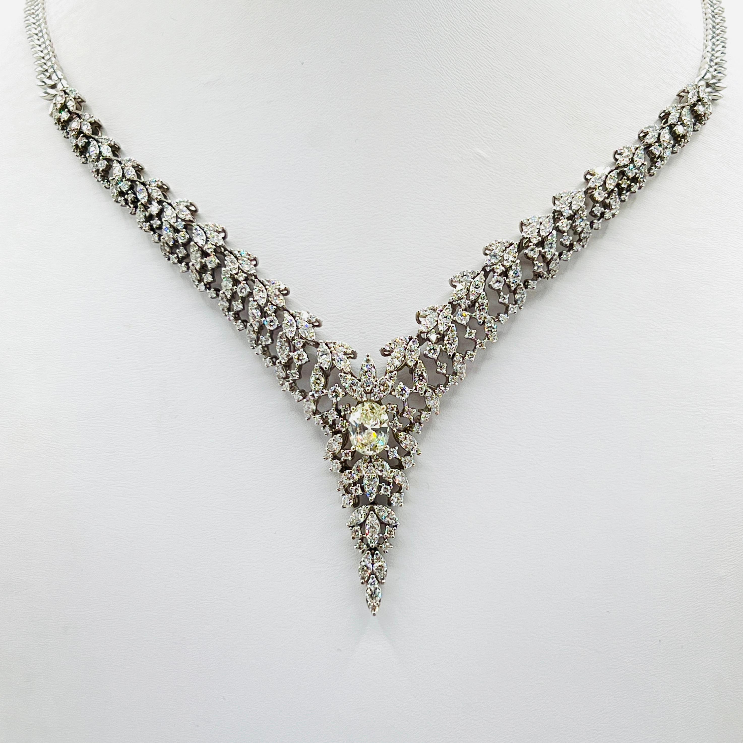 Diamond Oval and Round Cluster Style Necklace in 14K White Gold For Sale