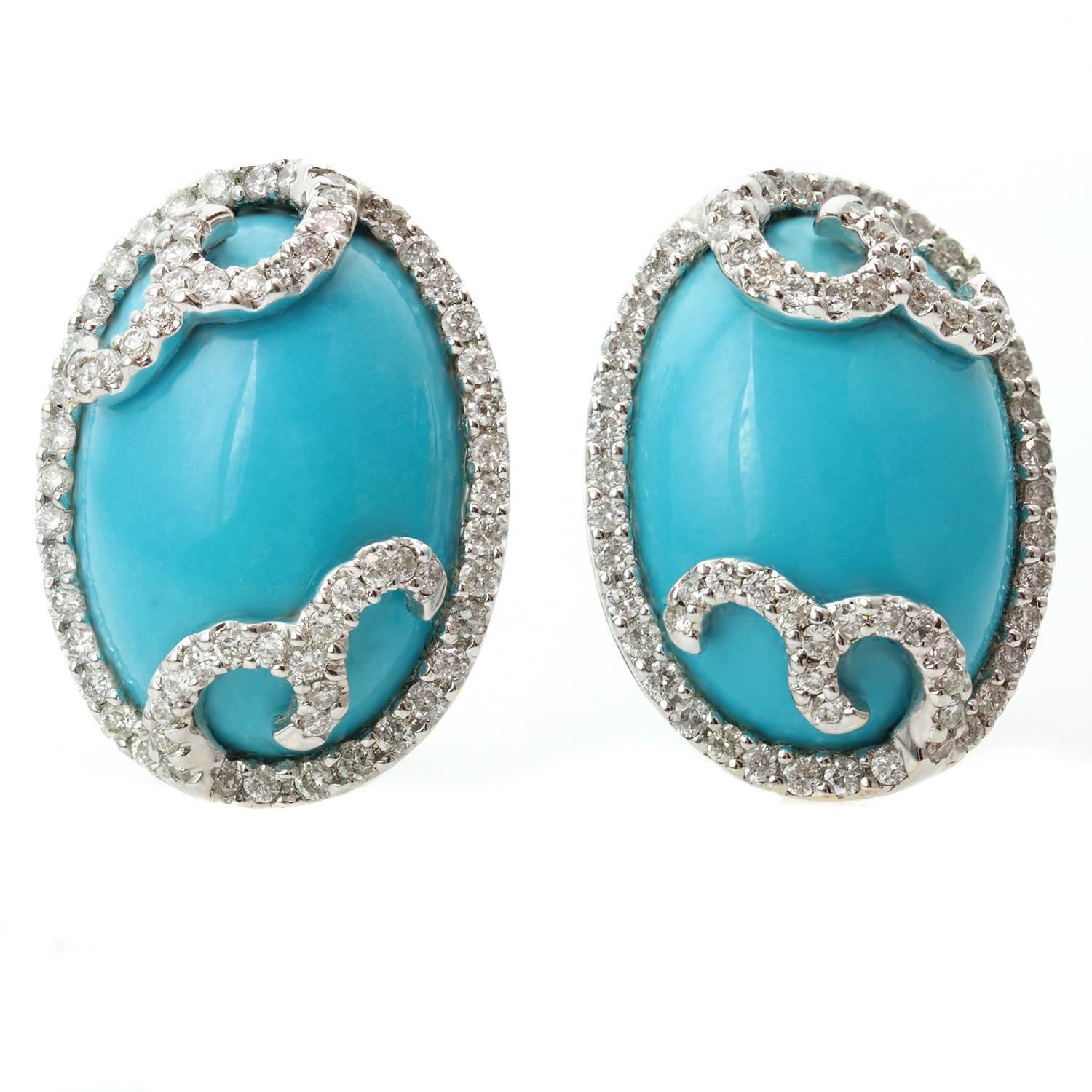 Diamond Oval Arizona Sleeping Beauty Turquoise White Gold Swirl Earrings