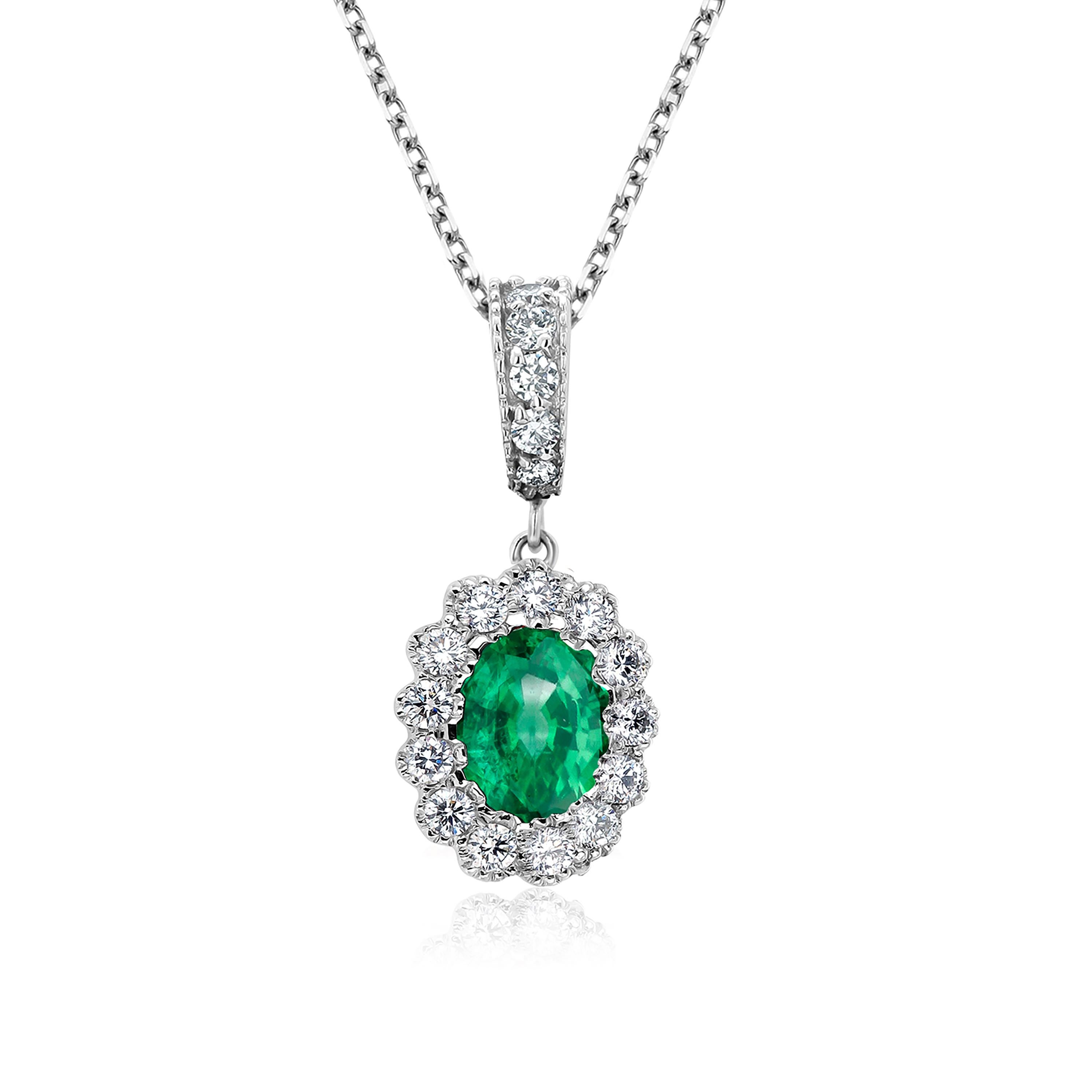 Contemporary Oval Emerald Halo Diamond Gold Pendant with Diamond Bail Layered Necklace 