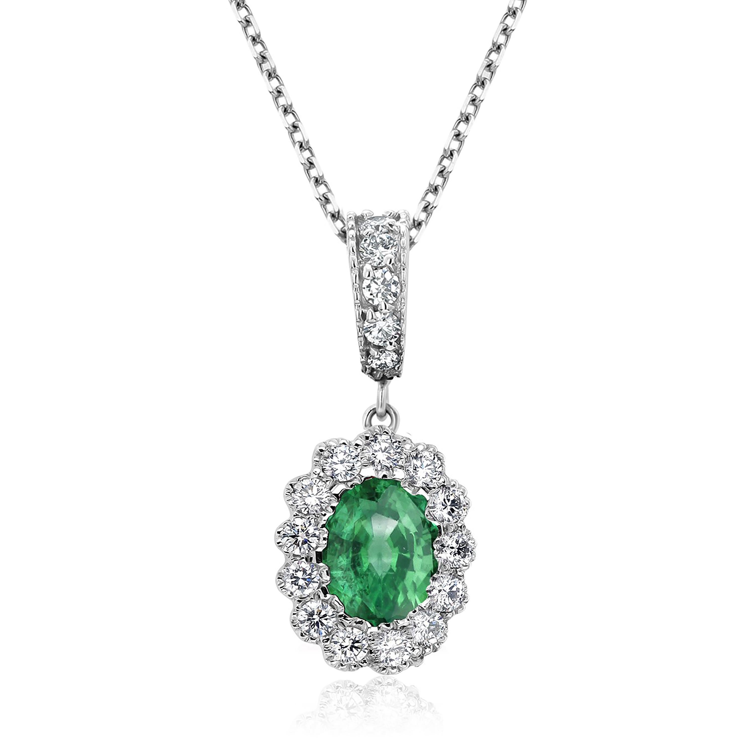 Oval Emerald Halo Diamond Gold Pendant with Diamond Bail Layered Necklace  In New Condition In New York, NY