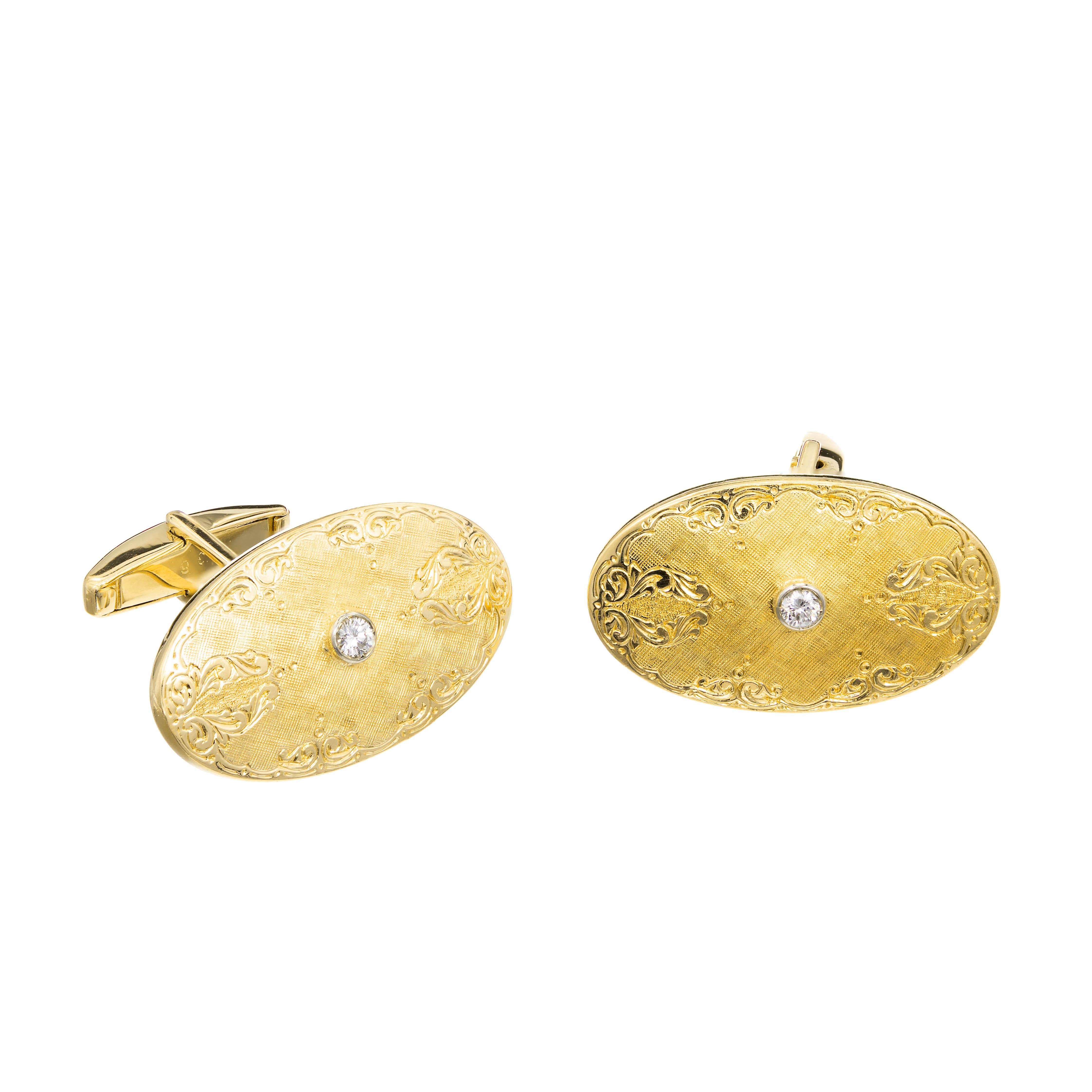 Diamond Oval Engraved Yellow White Gold Cufflinks For Sale