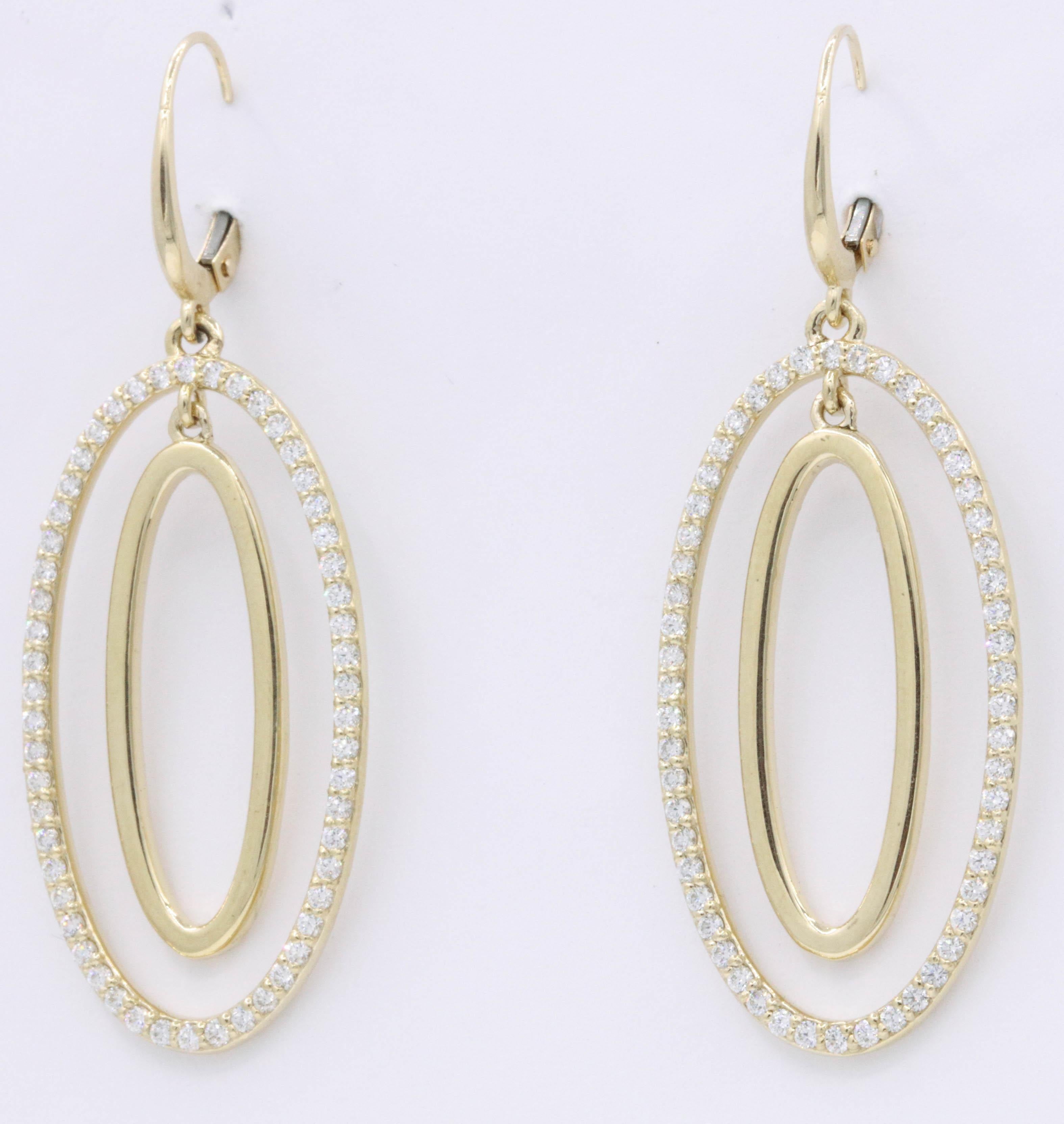 These fun and playful hoop earrings feature 108 round brilliants weighing 1.10 carats, crafted in 14k yellow gold. Very wearable and can be dressed up or down! 