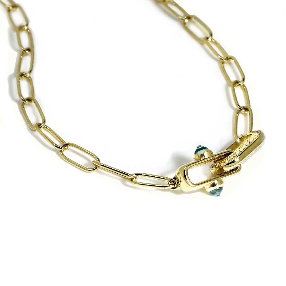 Contemporary Diamond Oval Link Chain Necklace with Swiss Blue Topaz, 18k Gold For Sale