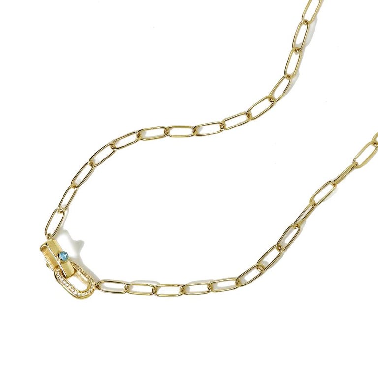 Oval Cut Diamond Oval Link Chain Necklace with Swiss Blue Topaz, 18k Gold For Sale