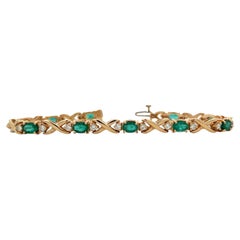 Diamond Oval Natural Green Emerald 14 Karat Yellow Gold Link Bracelet