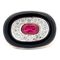 Retro Diamond Oval Ruby Black Onyx 14 Karat White Gold Cocktail Ring 