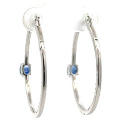 Diamond Oval Sapphire Hoop Earrings 1.61 Carats 18KT White Gold 6.4 Grams 1.25"