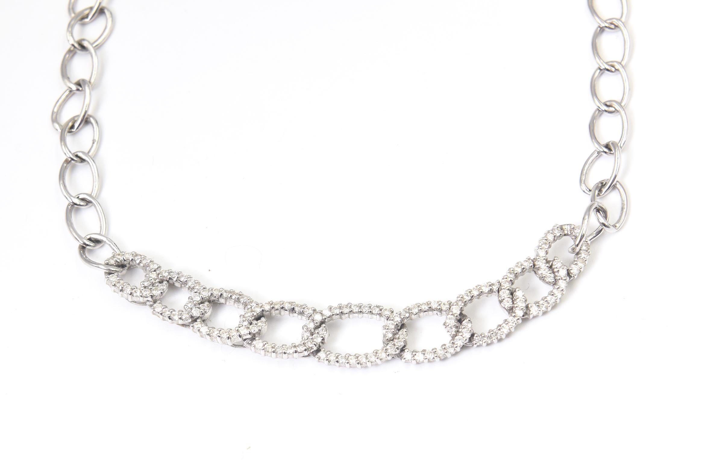 Round Cut Diamond Oval White Gold Link Choker or Collar Necklace For Sale
