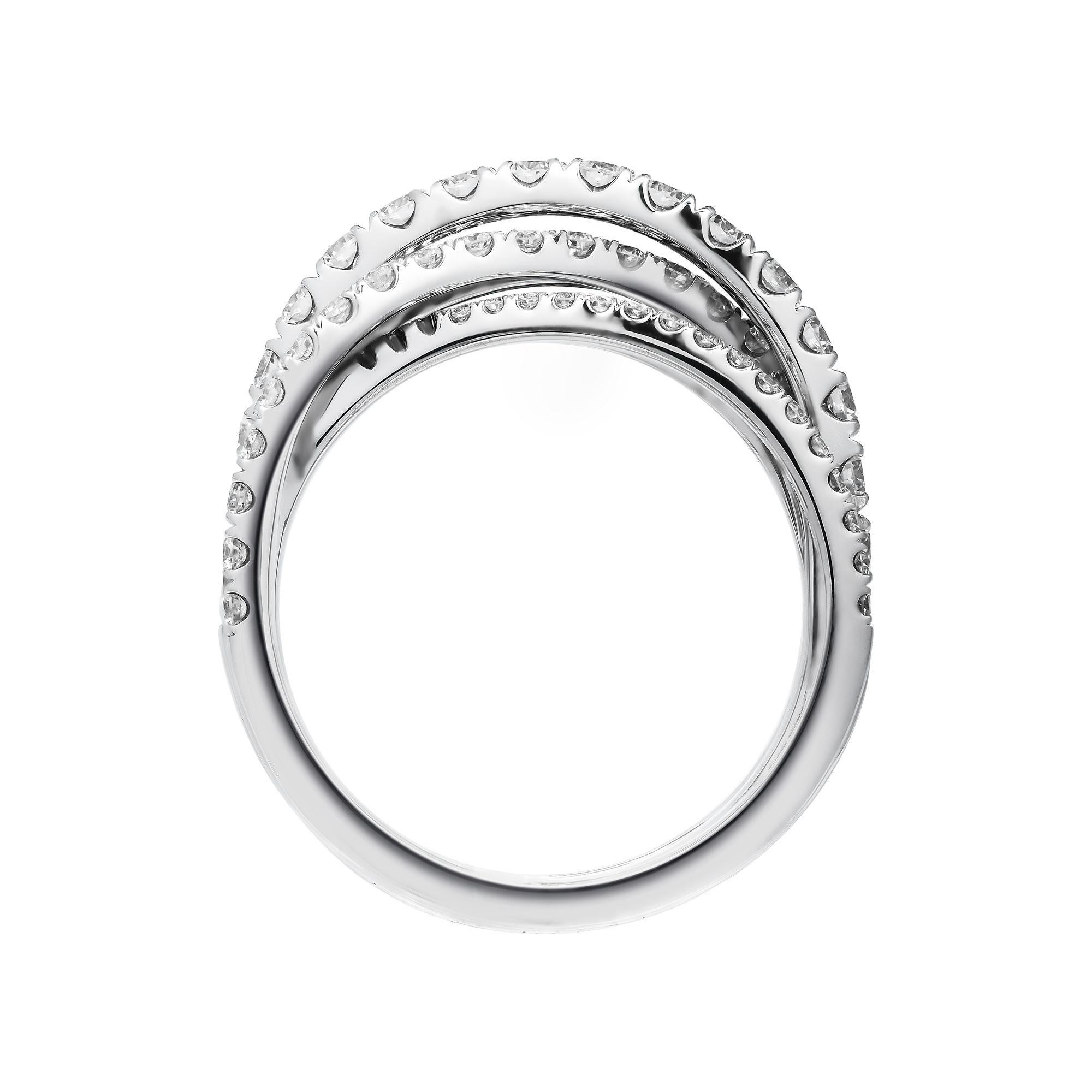 Gorgeous Diamond Cocktail Ring, Timeless Piece!
Delivers exceptional high end luxurious look
Featuring 4 rows of pave diamonds that overlapping each other, truly unique design, set with 88 brilliant-cut diamonds E-F color, VVS clarity totaling 1.56