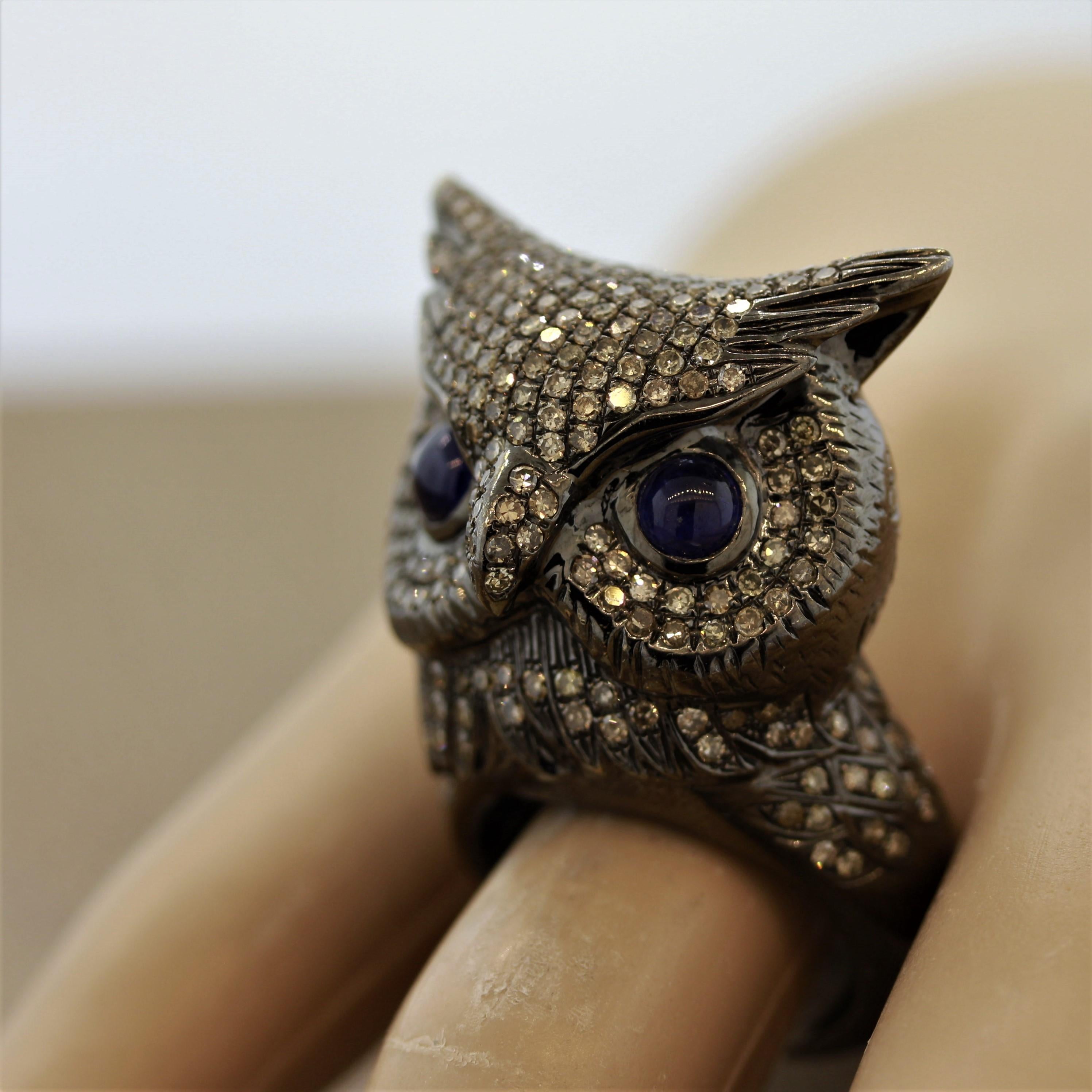 Round Cut Diamond Owl Gold Life-Like Animal Ring For Sale