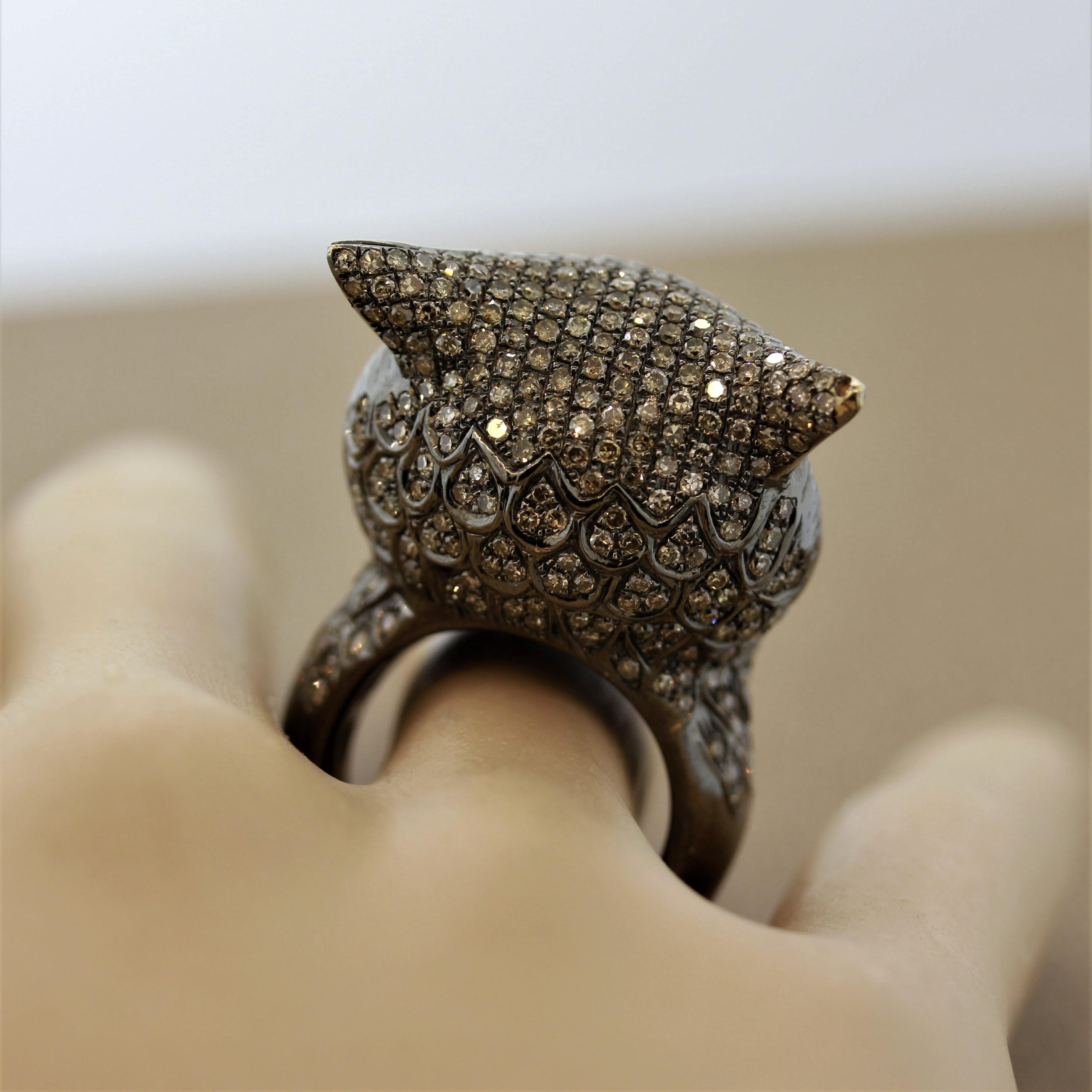 Men's Diamond Owl Gold Life-Like Animal Ring For Sale