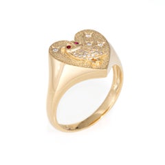 Diamond Owl Heart Ring Signet 14k Yellow Gold Sz 6.5 Fine Jewelry Ruby Eyes