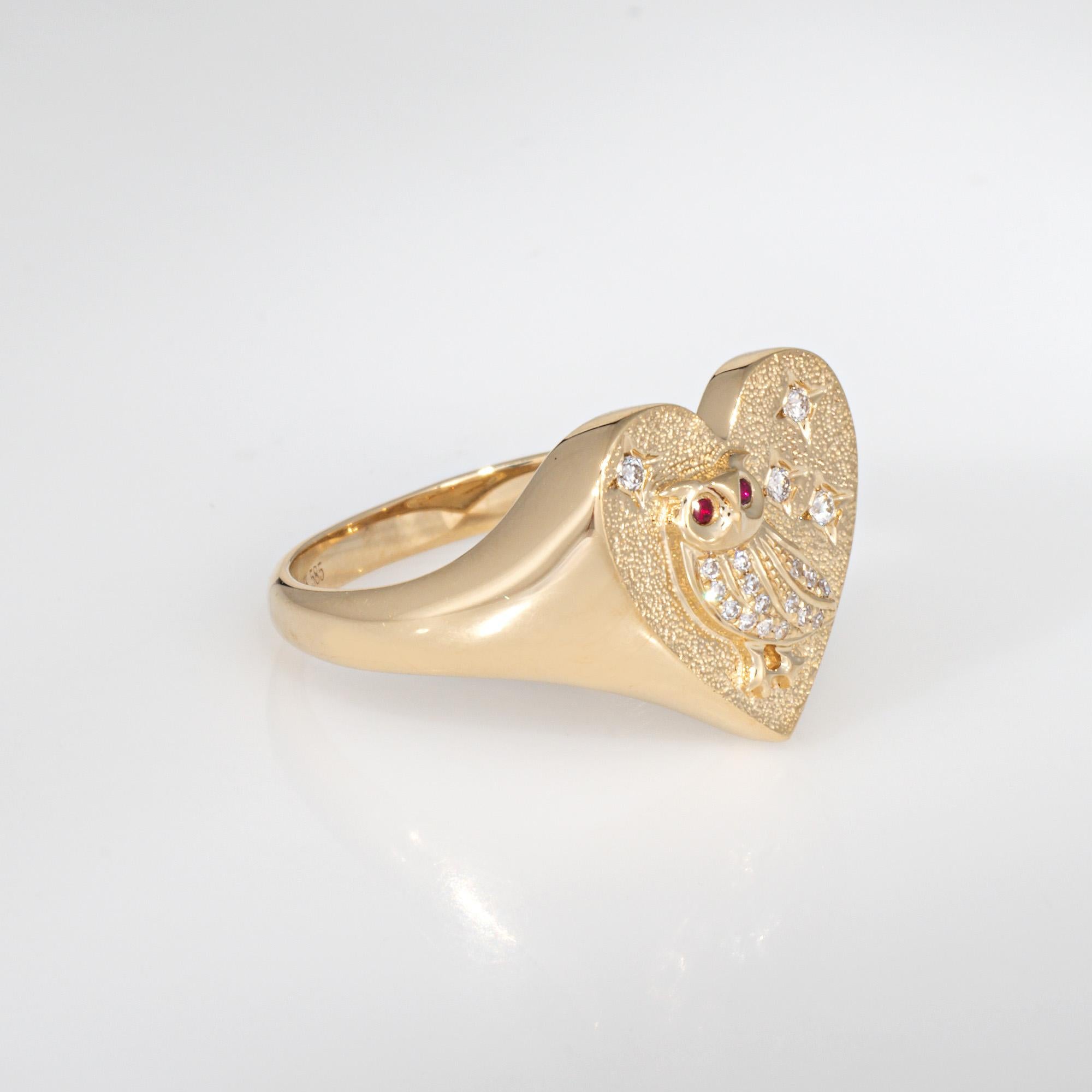 Diamond Owl Heart Ring Signet 14k Yellow Gold Sz 6.5 Fine Jewelry Ruby Eyes Moderno en venta