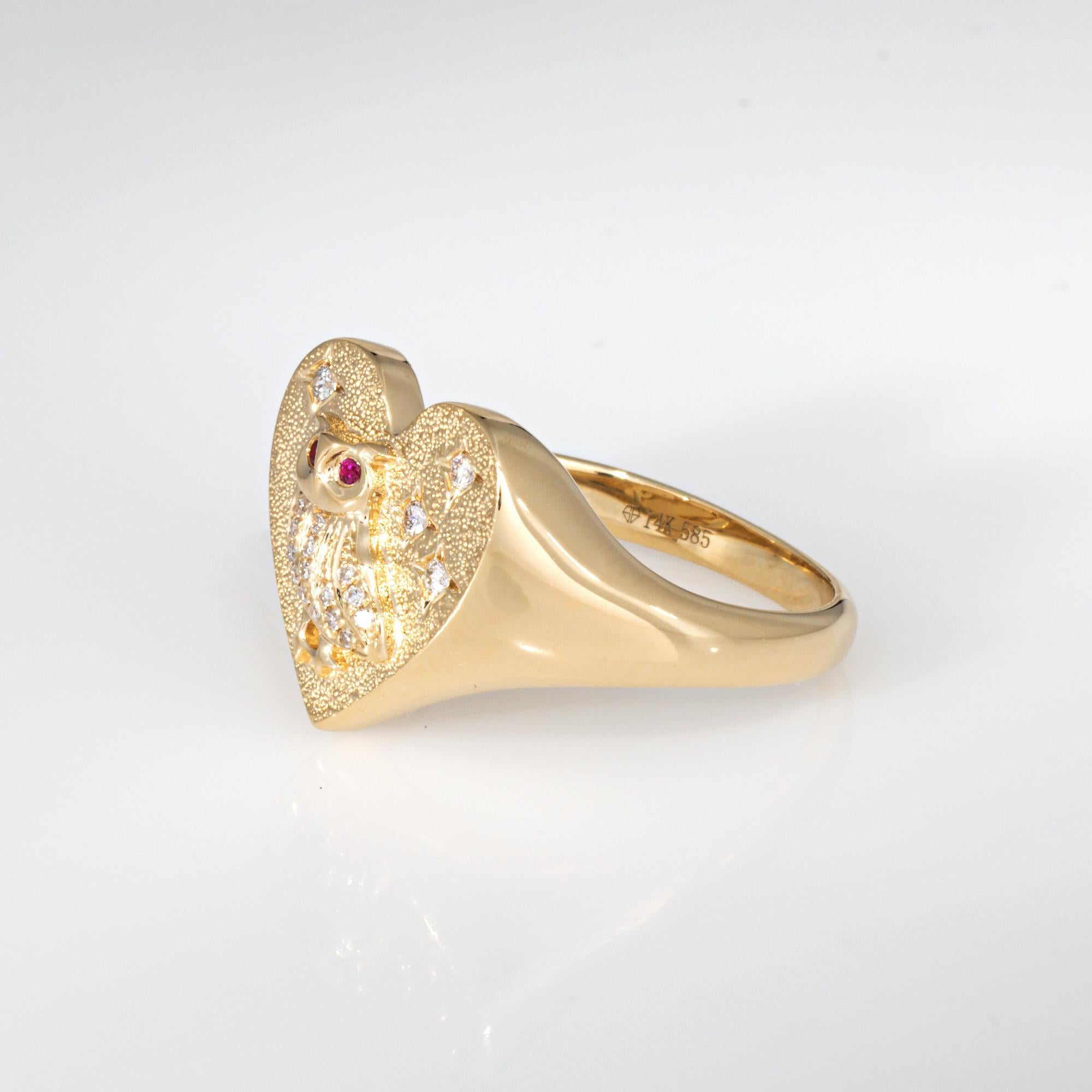 Diamond Owl Heart Ring Signet 14k Yellow Gold Sz 6.5 Fine Jewelry Ruby Eyes Corte redondo en venta