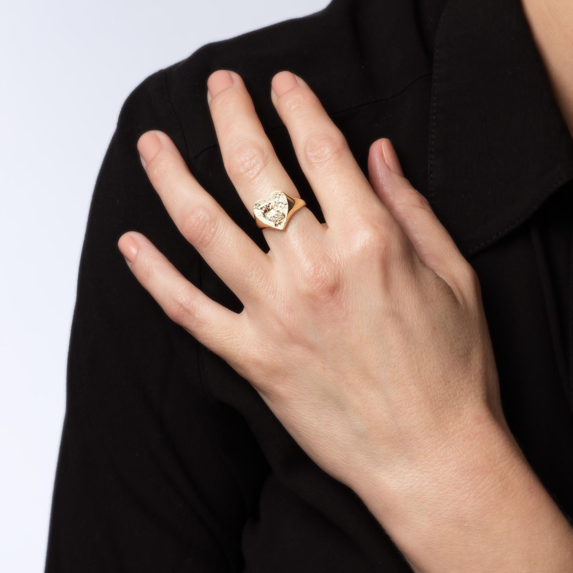 De las mujeres Diamond Owl Heart Ring Signet 14k Yellow Gold Sz 6.5 Fine Jewelry Ruby Eyes en venta