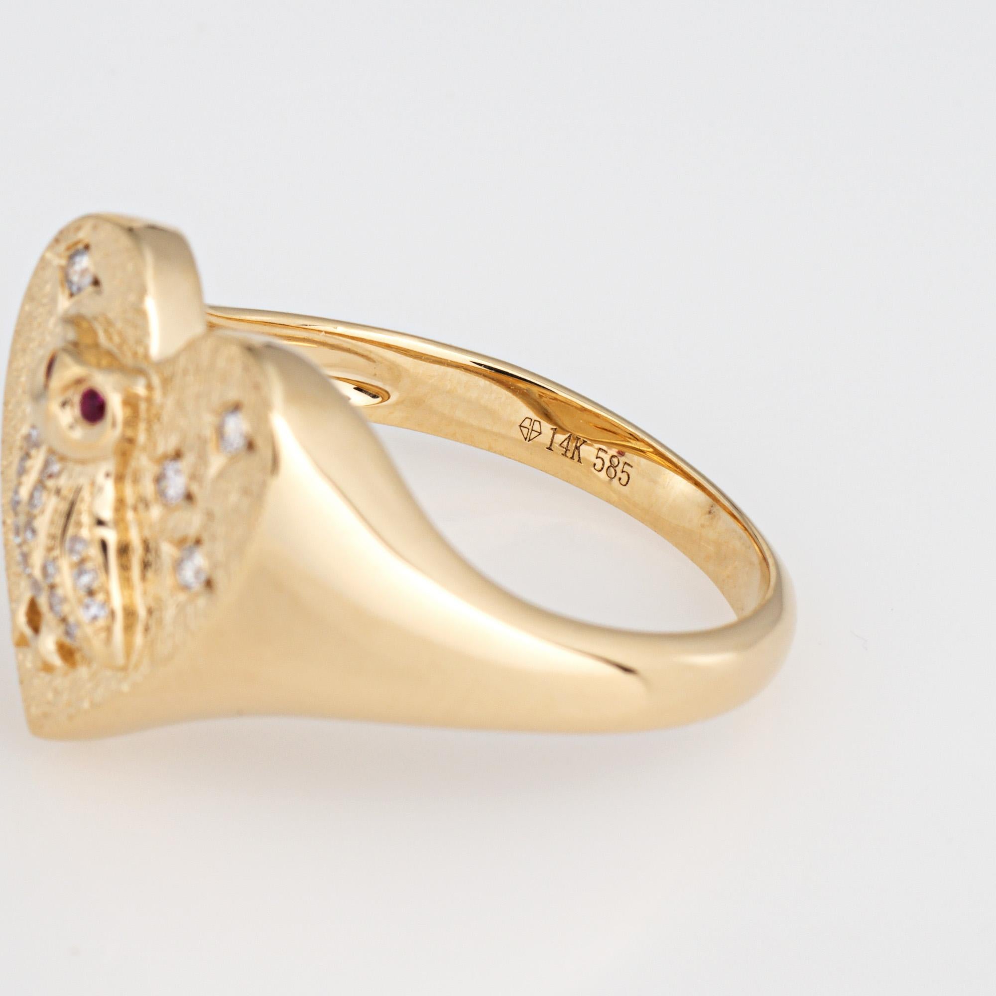 Diamond Owl Heart Ring Signet 14k Yellow Gold Sz 6.5 Fine Jewelry Ruby Eyes en venta 1