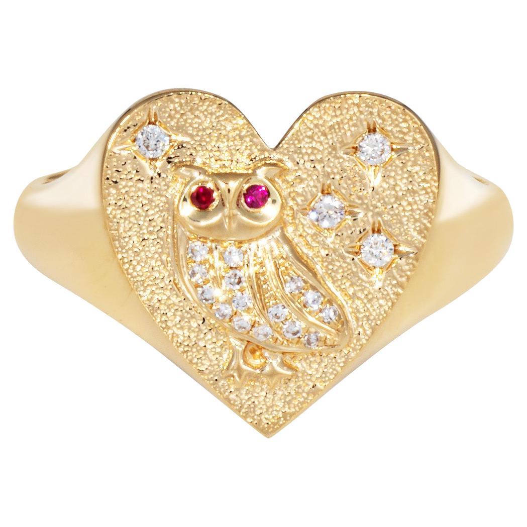 Diamant Eule Herz Ring Siegel 14k Gelbgold Gr. 6,5 feiner Schmuck Rubin Auge mit Diamanten