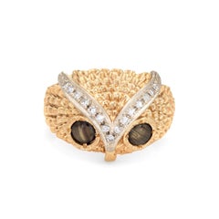 Diamond Owl Ring Vintage 14k Yellow Gold Cats Eye Chrysoberyl Eyes Fine Jewelry