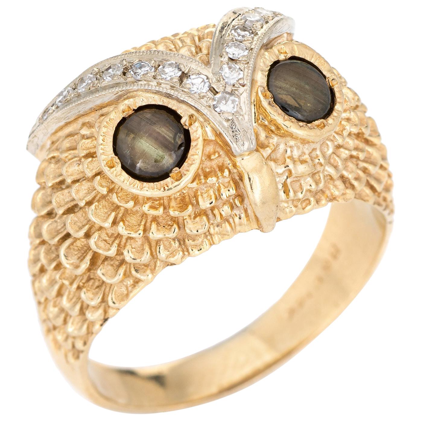 Diamond Owl Ring Vintage 14k Yellow Gold Cats Eye Chrysoberyl Eyes Fine Jewelry